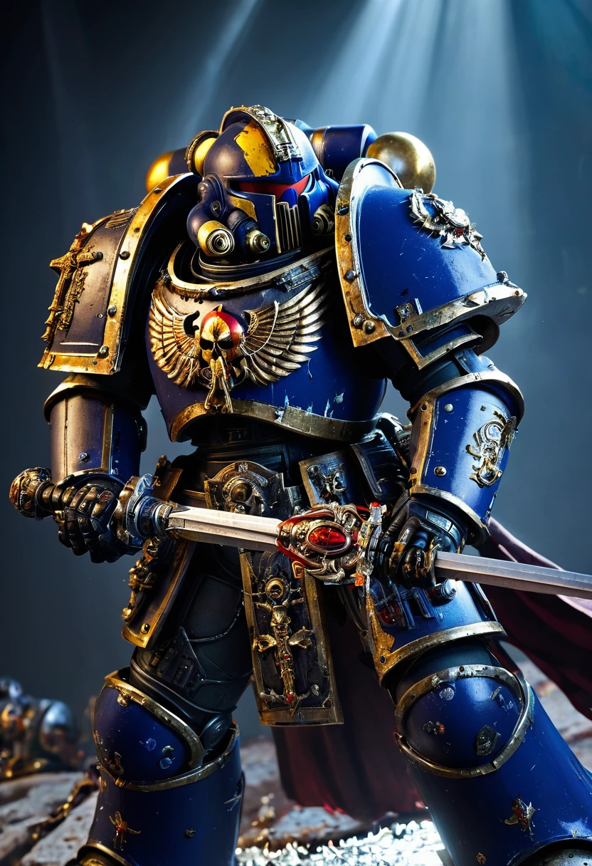 (best quality, highres:1.2, realistic, vivid colors), chaos space marine, warhammer 40k, broken holy reliquary, reaching for the (Luminous chain sword), dimly lit, indicators on the marine