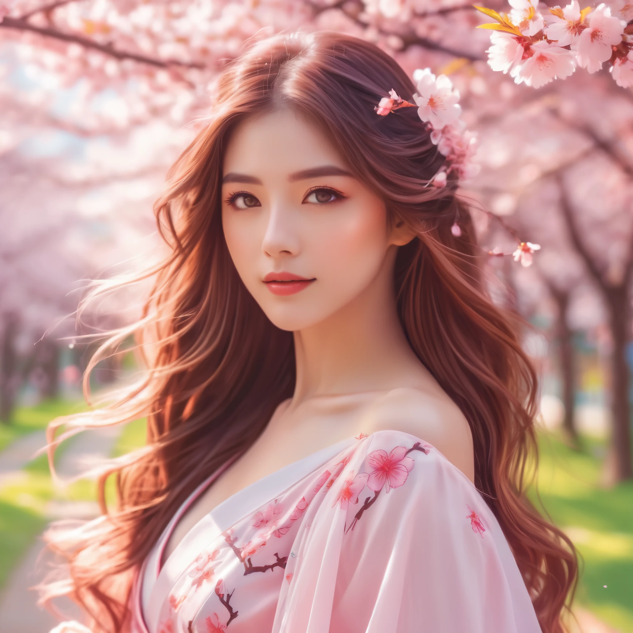 A stunning anime-style illustration of a beautiful woman with long, flowing hair and captivating eyes, posing elegantly for a photoshoot in a vibrant, cherry blossom-filled park. Highly detailed, 8K resolution, with soft, pastel colors and a dreamy, ethereal atmosphere. Cinematic lighting and a shallow depth of field create a mesmerizing, romantic mood.