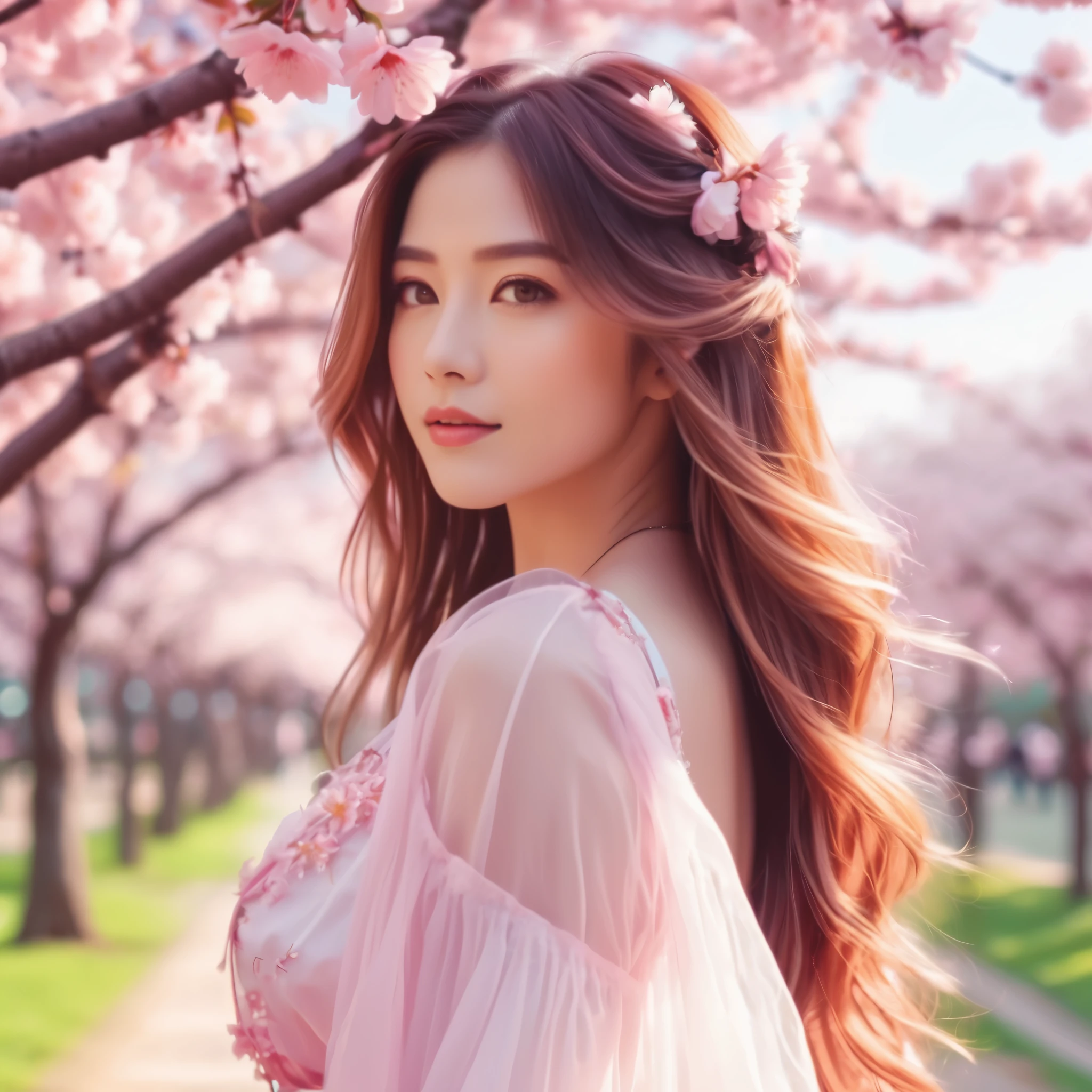 A woman with long hair and a pink dress standing in front of a tree ...