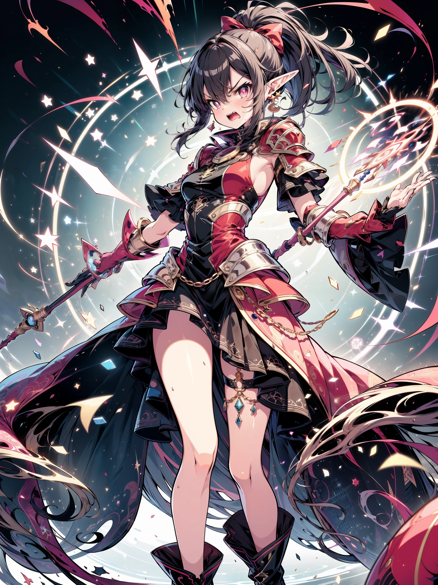 (masterpiece), (best quality, ultra-high resolution, depth of field:1.2), (perfect anatomy), Fair skin, Elf girl, pink eyes, black hair in a hime hairstyle, ponytail, pink bow, gold earrings, armor, (golden armor), (long skirt:1.2), frills, high thighs boots, cape, (battlefield scenery), (casting a magic spell, extended arm, (magic circles on wrists), (angry), open mouth, damaged clothes, holding a magic staff