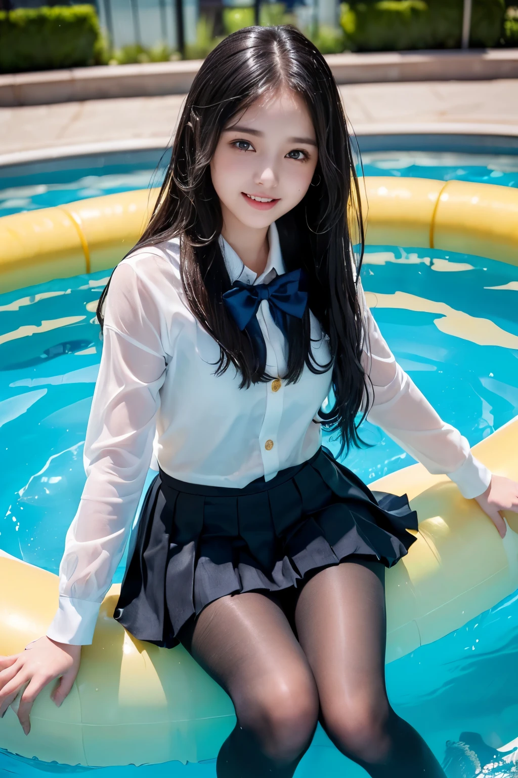 (((A beautiful girl with a golden ratio face who rides a large floating ring in the pool while wearing her school uniform)))、(((wet 、wet super long hair、Wet hair、pleated skirt、Black pantyhose)))、smile、( absurdly,high quality , Super detailed)、(See photographer )、(((cute pose)))