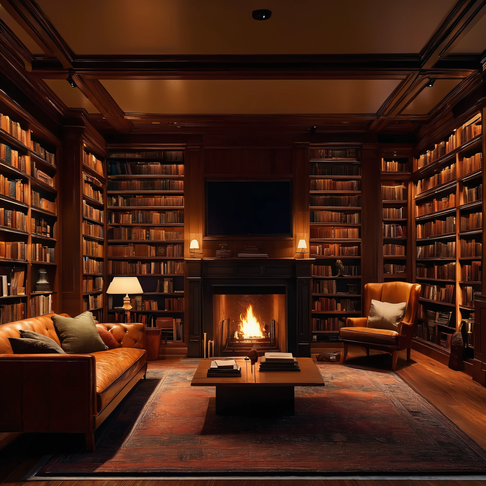 An image of a private library lined with floor-to-ceiling bookshelves, cozy reading nooks, and a fireplace, rendered in 8K resolution with realistic lighting and textures to evoke an atmosphere of intellectual refinement.