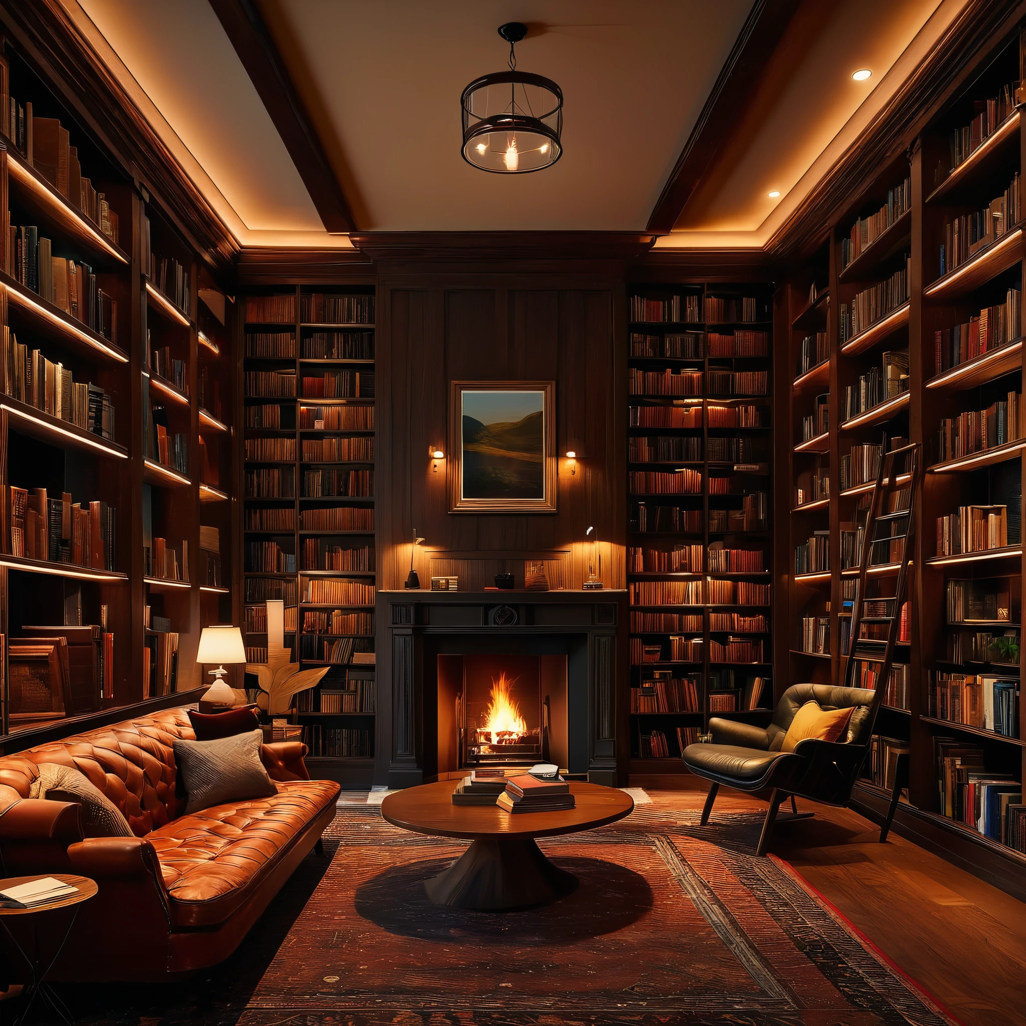 An image of a private library lined with floor-to-ceiling bookshelves, cozy reading nooks, and a fireplace, rendered in 8K resolution with realistic lighting and textures to evoke an atmosphere of intellectual refinement.