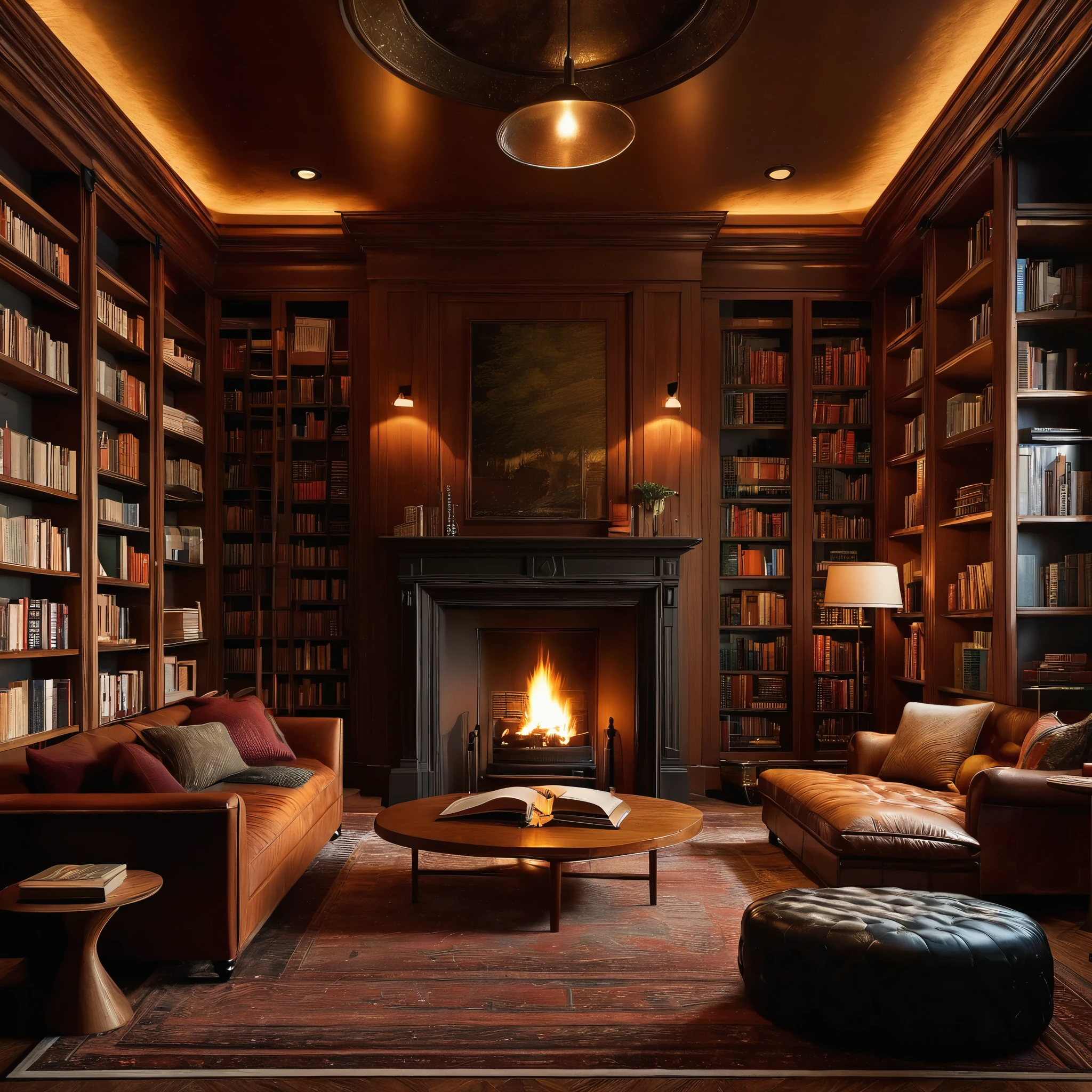 An image of a private library lined with floor-to-ceiling bookshelves, cozy reading nooks, and a fireplace, rendered in 8K resolution with realistic lighting and textures to evoke an atmosphere of intellectual refinement.