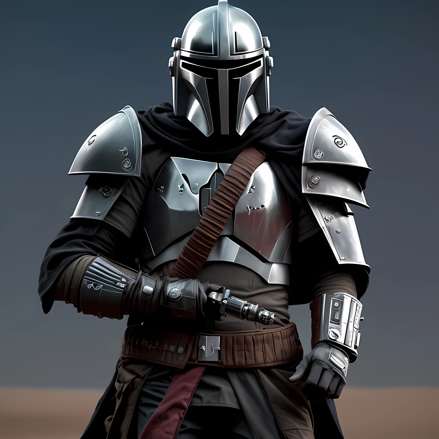 35-year-old man, dressed in custom Mandalorian-style armor..., wields a red lightsaber. Armor of complex design, decorated with scratches and chevrons , shines under the light of big stars in the vastness, Dark Desert. helmet hides face, leaving only his gloved hands visible, tightly gripping the hilt of his weapon. His shining silver armor, creating a breathtaking scene in the middle of the night in the desert. Wind, just as big and powerful, like the open space around him