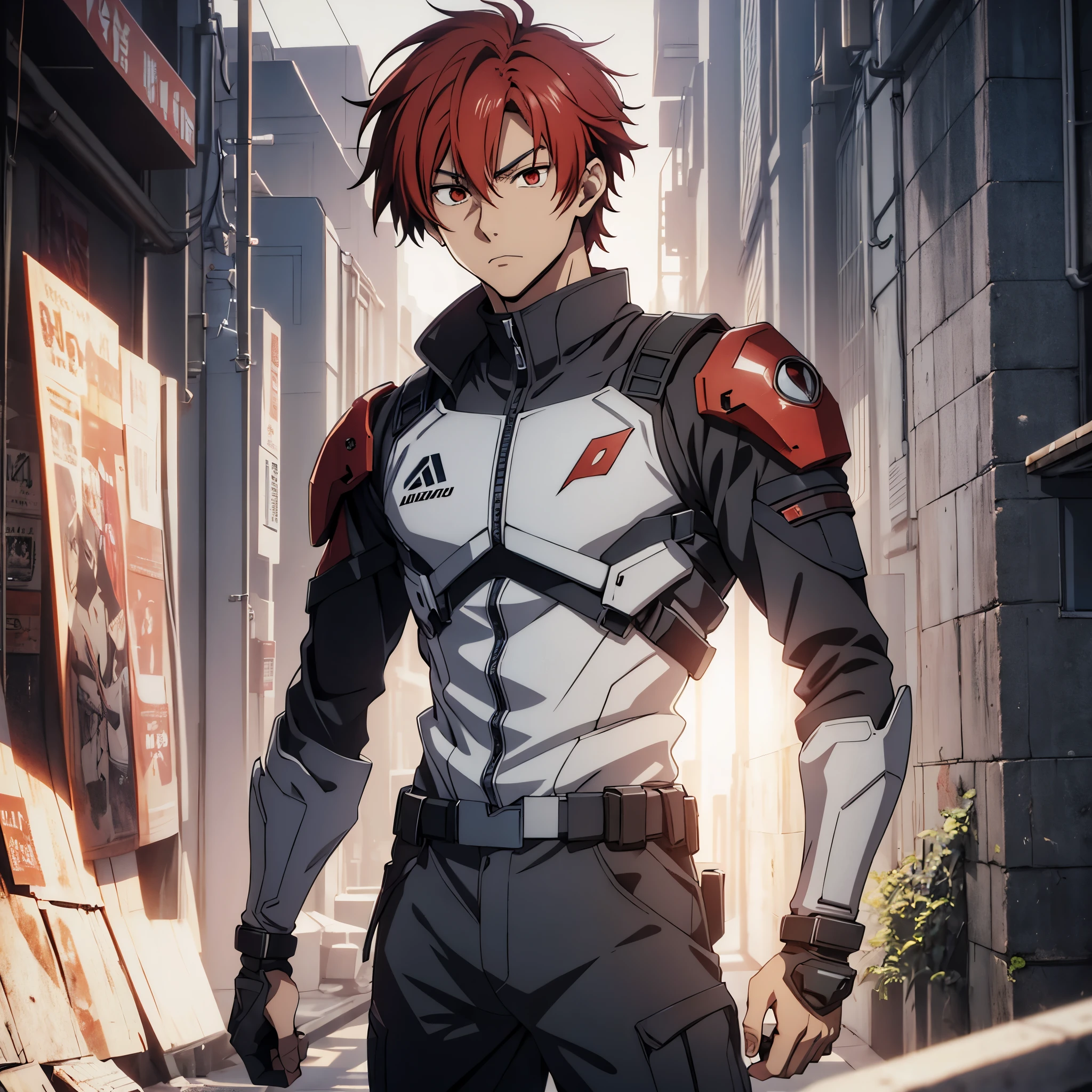 
1 male, solo, red hair , 17 years old, looking away from the camera, anime character wearing combat suit, kaworu nagisa, anime handsome man, male anime character, tall anime guy with red eyes, hajime yatate, anime, fubuki, action anime pose, yukito kishiro, young anime man, official art, makoto kano, male anime style, masterpiece, rtx, ray tracing, highly detailed, best quality, official art