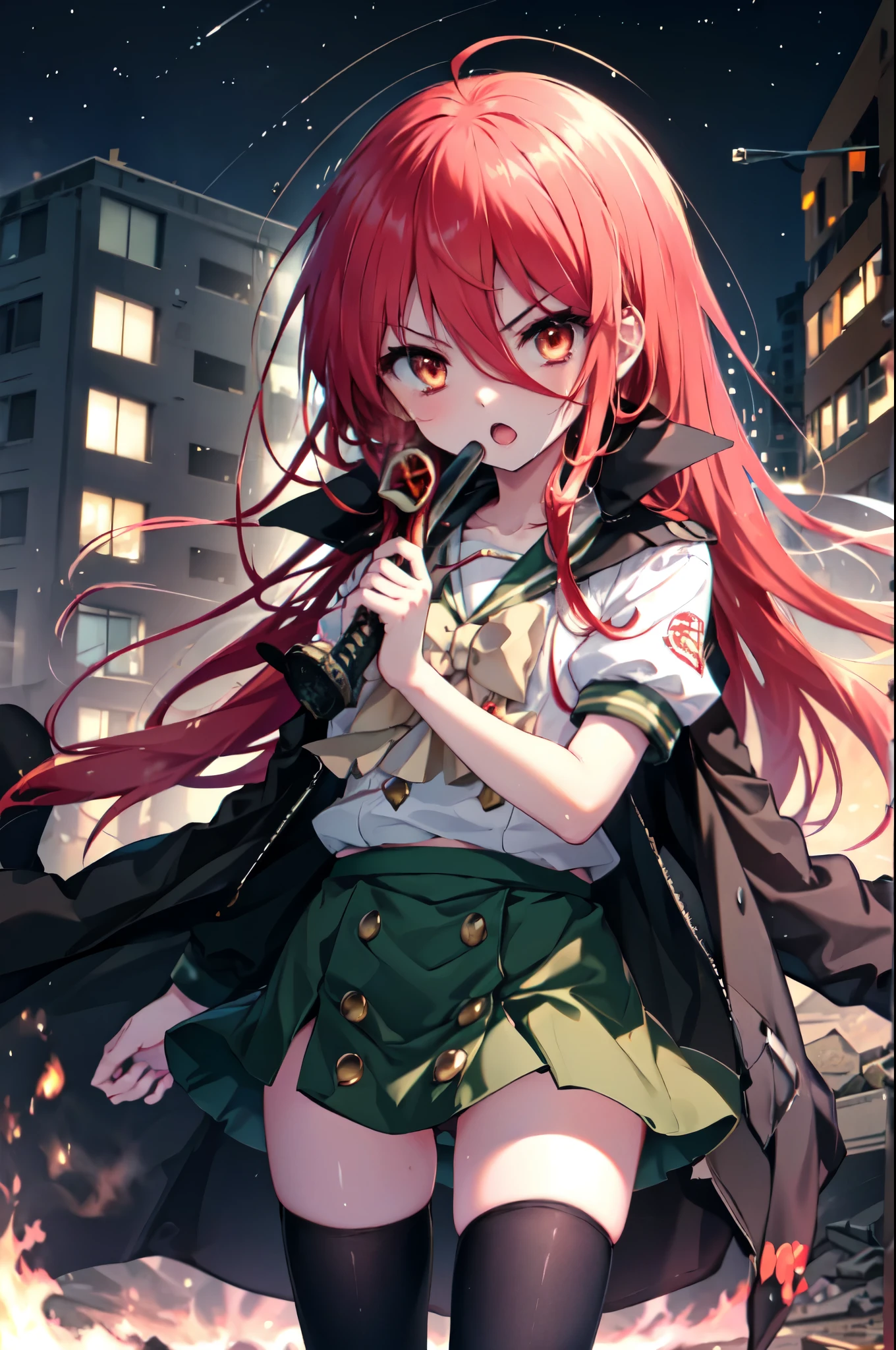 1 girl, cowboy shot, rubble ruins, anger, (battle preparation:1.2), open your mouth, (night:1.2), explosive inflammation,shana, red eyes, redhead, very long hair, hair between eyes, (Ahoge:1.1), explosive flame,abandoned building,rubble serafuku, white shirt, short sleeve, green skirt, Thighhighs, Black Rider Suit,In his left hand he holds a Japanese sword wrapped in flames..,While wiping your mouth with your right hand,highest quality, masterpiece, High resolution, 