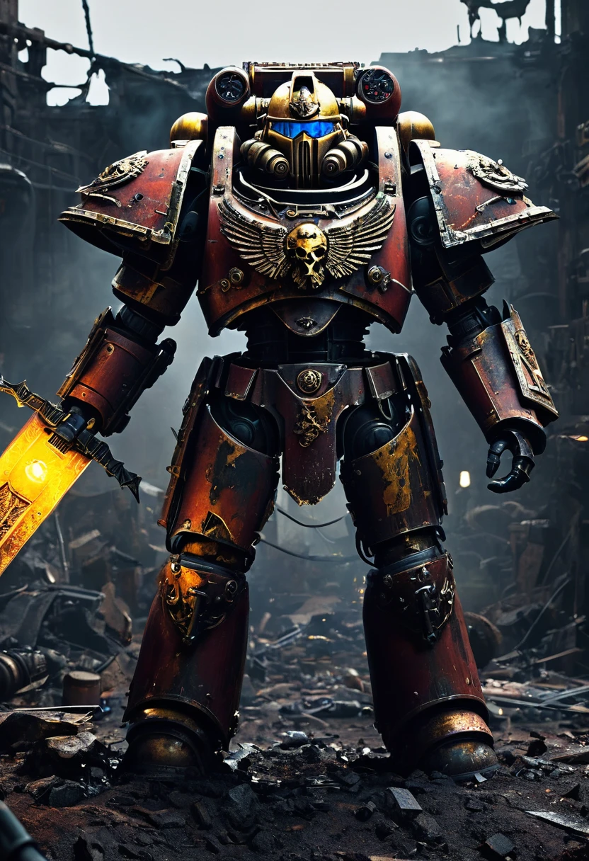 (best quality,ultra-detailed,realistic,highres,masterpiece:1.2),chaos space marine in warhammer 40k, [broken](colorful:0.9), holy reliquary, [reaching for](determined:1.1) the [Luminous chain sword](glowing:1.1), [solely lit](dimly lit:0.9) by the [sword's glow](luminous), [indicators on the marine](faintly lit), (eerie atmosphere,ominous), [ancient symbols](mystical:1.1), [dusty and aged](weathered) surroundings, [powerful armor](armored), [battle scars](battle-worn), [tension](intense), [sinister energy](dark:1.1), (contrasting shadows,subtle lighting), (action-packed, dynamic), [dystopian landscape](post-apocalyptic:1.1), [industrial elements](mechanical), [war-torn scene](destruction), (abandoned,desolate), [ominous aura](foreboding), vibrant [color palette](rich colors), [(distorted) reflections](mirrored), (aural chaos,sounds of battle,echoing footsteps), [epic confrontation](high stakes), [cascading sparks](electricity), [intense atmosphere](charged), explosive [visual effects](dramatic), [tense composition](balanced), [impressive details](intricate), [contrasting textures](variety of surfaces), (dramatic composition, dynamic angles), [ominous presence](menacing).

Please note，The above prompt is exemplary，You can play as much as you want，Add or remove details，But please ensure overall high quality and consistency，and consistent with the given theme。