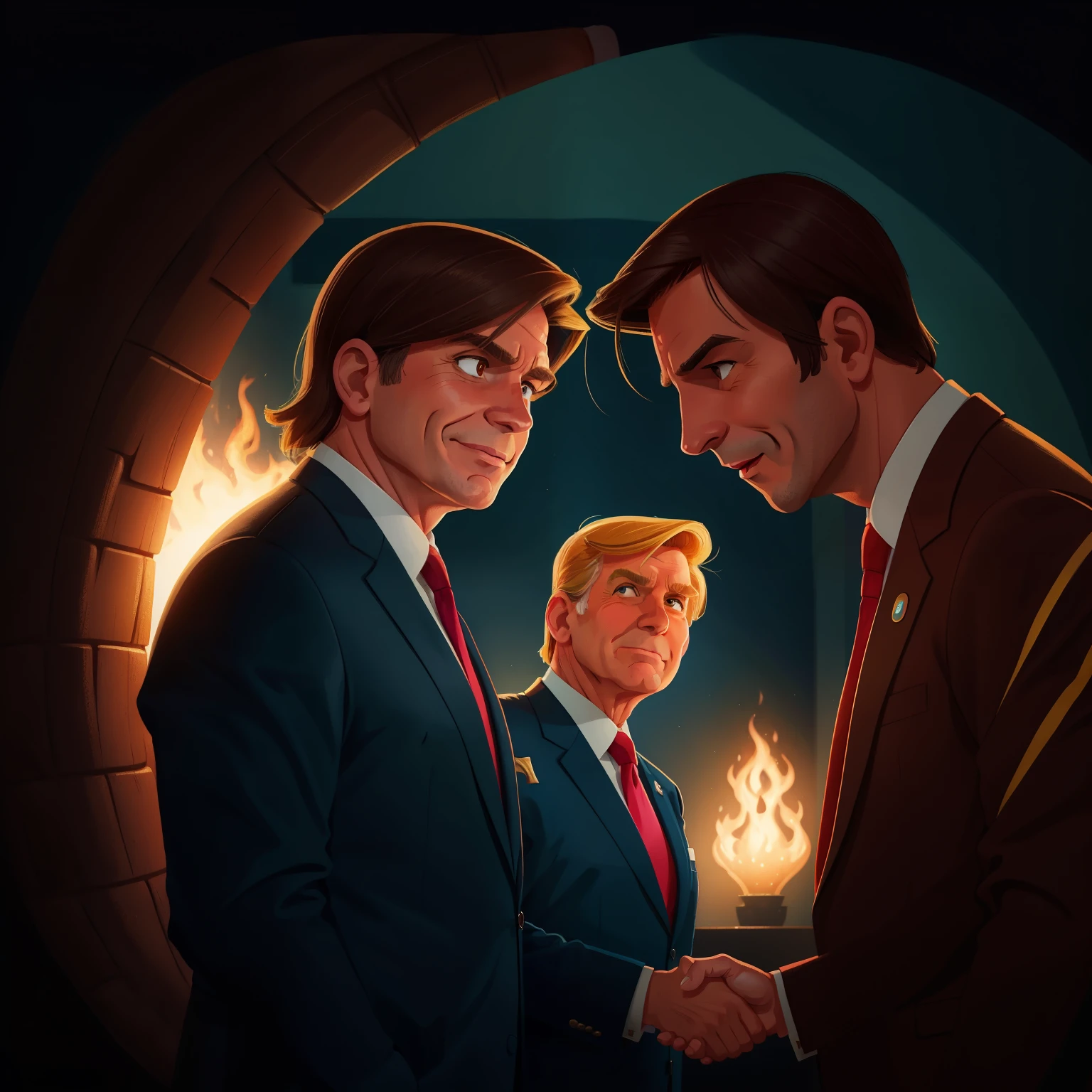 Realistic portrait of Jair Bolsonaro embracing Donald Trump, bothmen shown with warm smiles,detailed facial features, clear skin tone, clothing in power suits, vibrant colors, high definition, 4K, bright lights illuminating the scene, friendly atmosphere, Disney channel style.