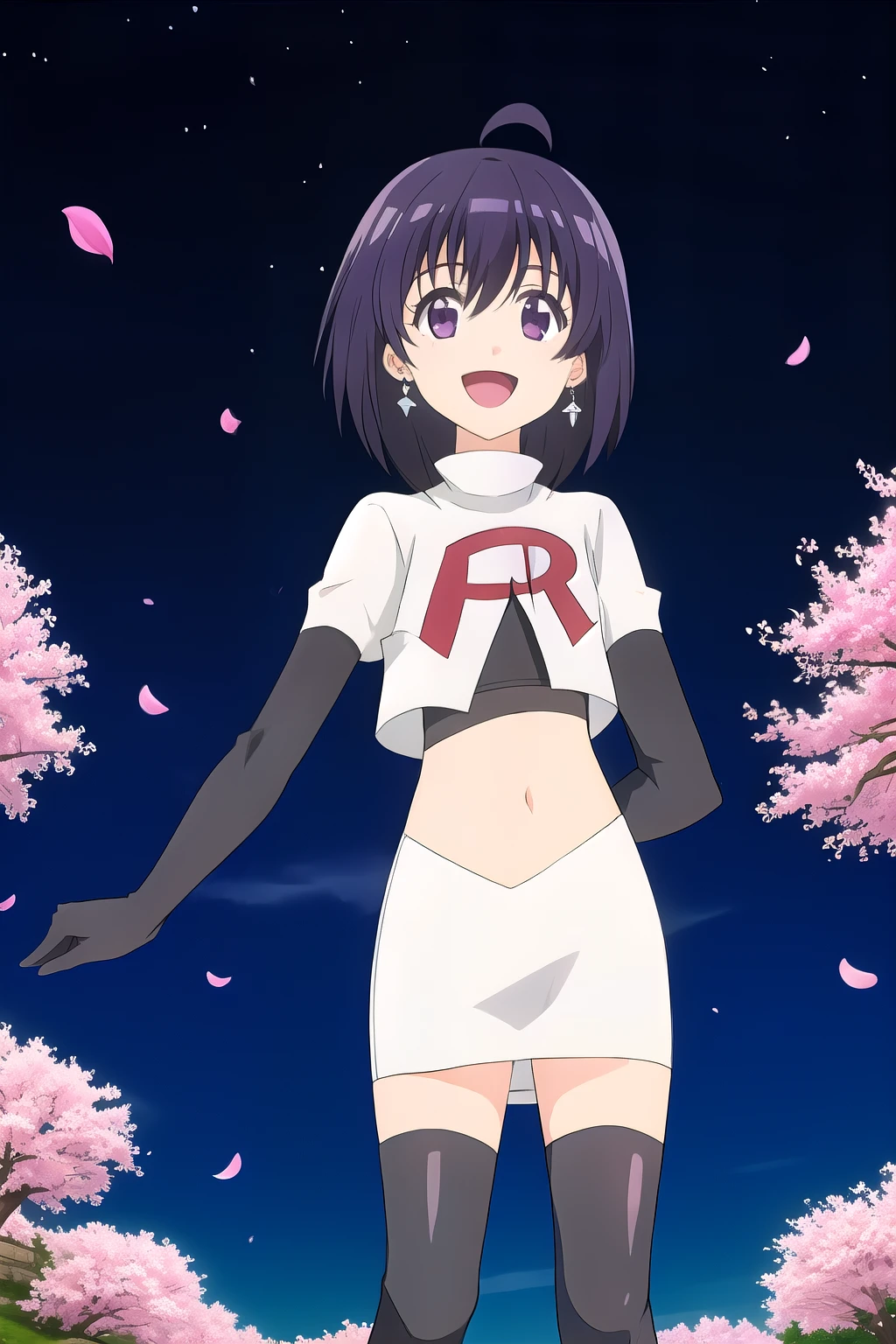 maple, 1girl, solo, long_hair, looking_at_viewer, short_hair, bangs, black_hair, hair_between_eyes, jewelry, very_long_hair, purple_eyes, purple_hair, ahoge, :d, sidelocks, earrings, outdoors, sky, shiny, shiny_hair, flat_chest, dated, tree, petals, night, floating_hair, cherry_blossoms, short_hair_with_long_locks,team rocket,team rocket uniform, red letter R, white skirt,white crop top,black thigh-highs,black elbow gloves