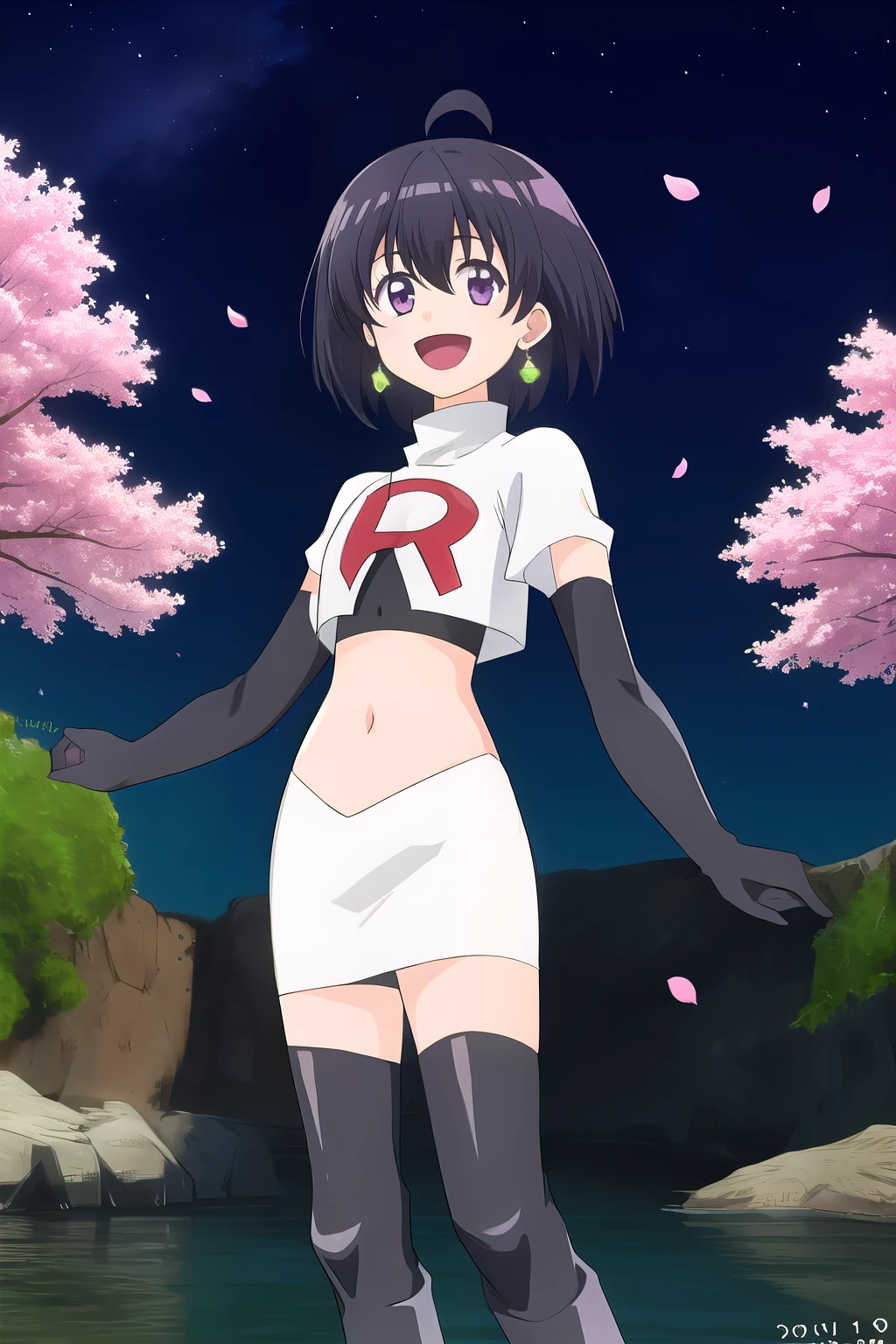 maple, 1girl, solo, long_hair, looking_at_viewer, short_hair, bangs, black_hair, hair_between_eyes, jewelry, very_long_hair, purple_eyes, purple_hair, ahoge, :d, sidelocks, earrings, outdoors, sky, shiny, shiny_hair, flat_chest, dated, tree, petals, night, floating_hair, cherry_blossoms, short_hair_with_long_locks,team rocket,team rocket uniform, red letter R, white skirt,white crop top,black thigh-highs,black elbow gloves