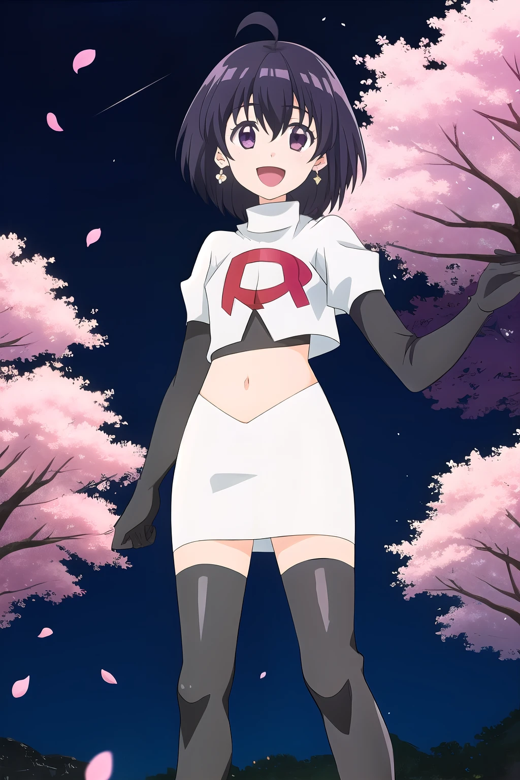 maple, 1girl, solo, long_hair, looking_at_viewer, short_hair, bangs, black_hair, hair_between_eyes, jewelry, very_long_hair, purple_eyes, purple_hair, ahoge, :d, sidelocks, earrings, outdoors, sky, shiny, shiny_hair, flat_chest, dated, tree, petals, night, floating_hair, cherry_blossoms, short_hair_with_long_locks,team rocket,team rocket uniform, red letter R, white skirt,white crop top,black thigh-highs,black elbow gloves