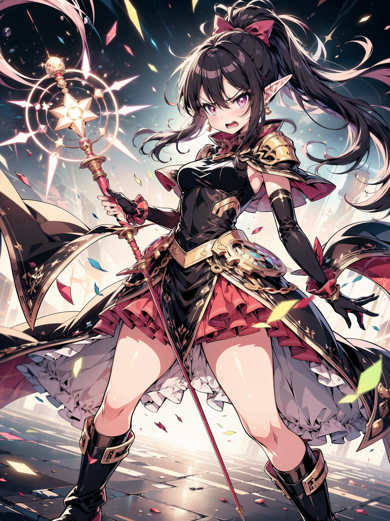 (masterpiece), (best quality, ultra-high resolution, depth of field:1.2), (perfect anatomy), Fair skin, Elf girl, pink eyes, black hair in a hime hairstyle, ponytail, pink bow, gold earrings, armor, (golden armor), (long skirt:1.2), frills, high thighs boots, cape, (battlefield scenery), (casting a magic spell, extended arm, (magic circles on wrists), (angry), open mouth, damaged clothes, holding a magic staff