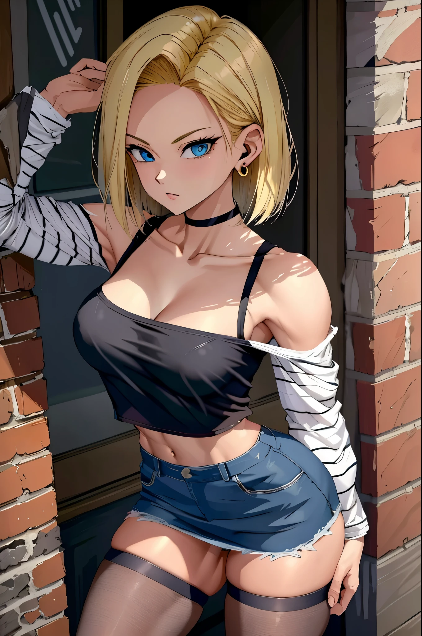 best quality, highres, and18, 1girl, android 18, solo, blonde hair, blue eyes, short hair, earrings, jewelry, denim vest, open vest, black pantyhose, black shirt, denim skirt, striped long sleeves, blue skirt, medium breasts, cowboy shot, street, off-the-shoulder, Strapless, 29 years old. piernas fuertes. pechos grandes, 