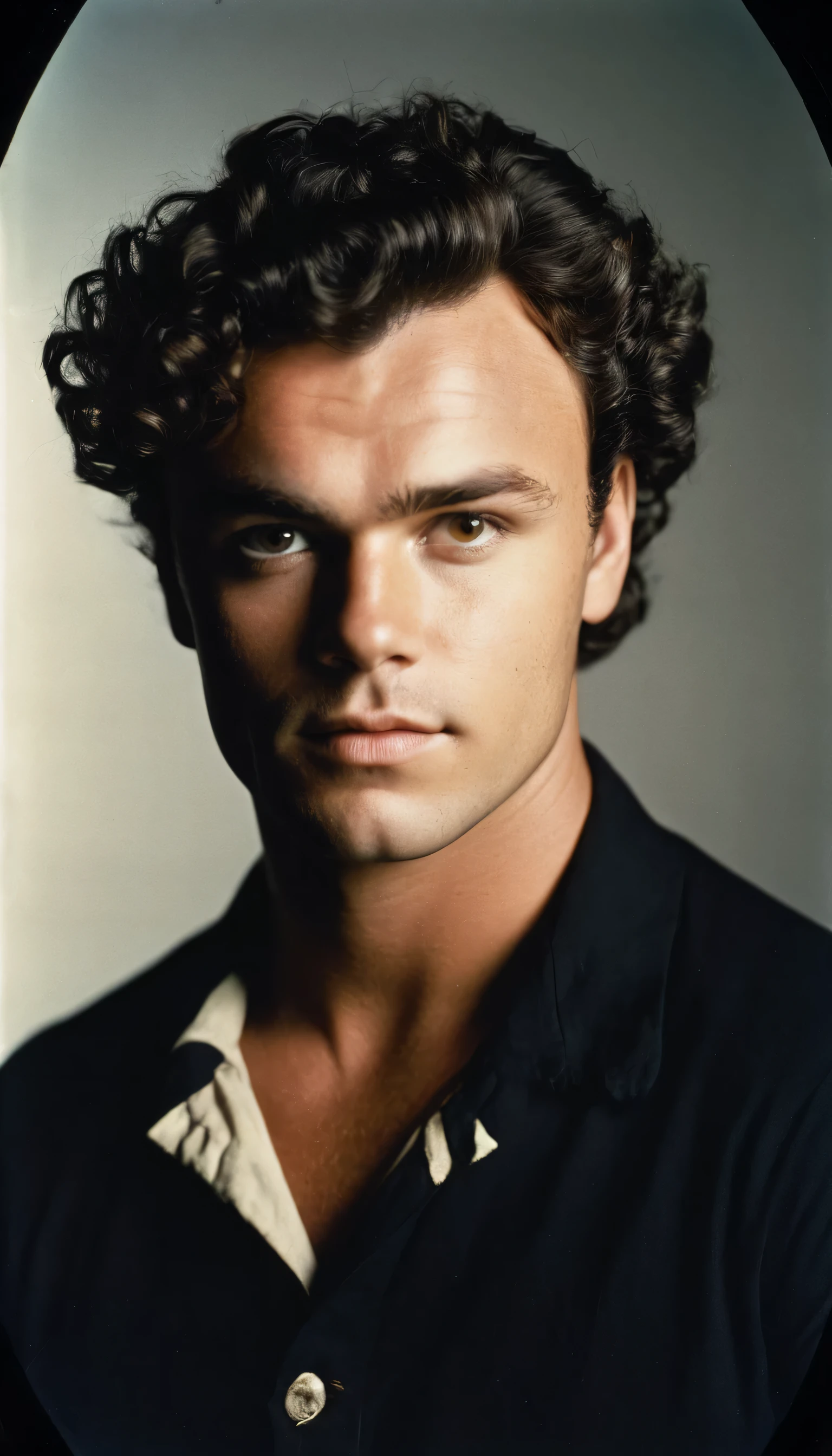 Vintage photo of 25 years-old sailor, male, brown-black hair, short curly quiff haircut, brown eyes, caucasian, round face, oval-shaped jawline, bulbous nose, full lips, thick eyebrows, soft features, stocky broad frame, chubby, handsome, resembles a young John C Reilly, (ruffled pirate shirt:1.1), silhouette, backlit, split lighting, half face in shadow, RAW Photograph, dslr, hard lighting, hard shadows, high quality, film grain, Fujifilm XT3, detailed skin with visible pores, insane details, masterpiece, 8k, 35mm photograph, dslr, kodachrome, faded film, desaturated, 35mm photo, grainy, vintage, Kodachrome, Lomography, stained, highly detailed, found footage, close-up shot