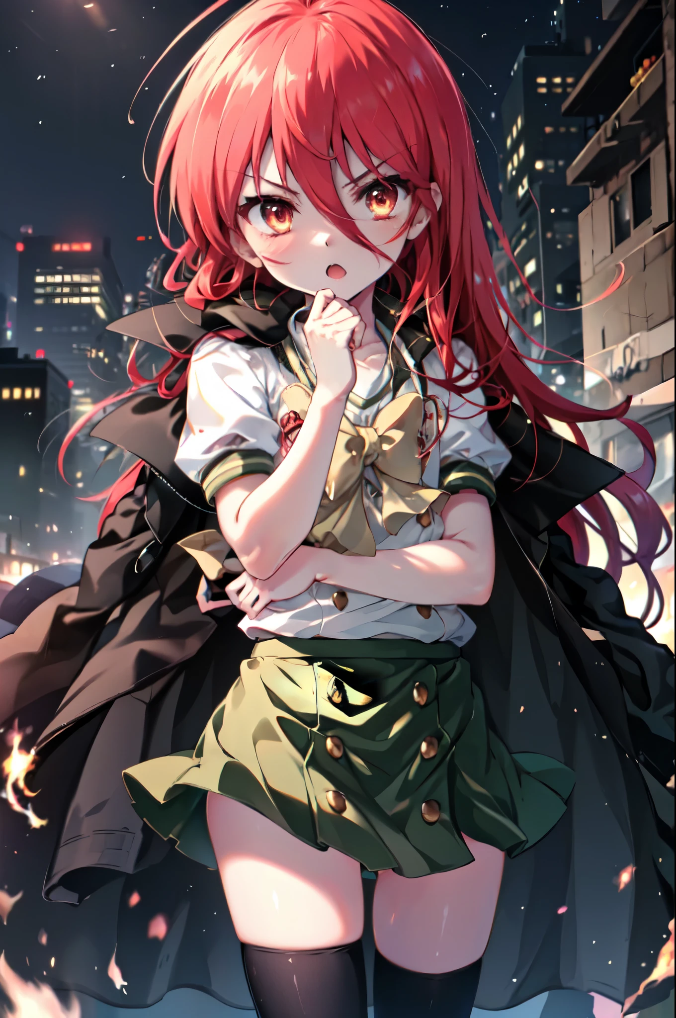 1 girl, cowboy shot, rubble ruins, anger, (battle preparation:1.2), open your mouth, (night:1.2), explosive inflammation,shana, red eyes, redhead, very long hair, hair between eyes, (Ahoge:1.1), explosive flame,abandoned building,rubble serafuku, white shirt, short sleeve, green skirt, Thighhighs, Black Rider Suit,In his left hand he holds a Japanese sword wrapped in flames..,While wiping your mouth with your right hand,highest quality, masterpiece, High resolution, 