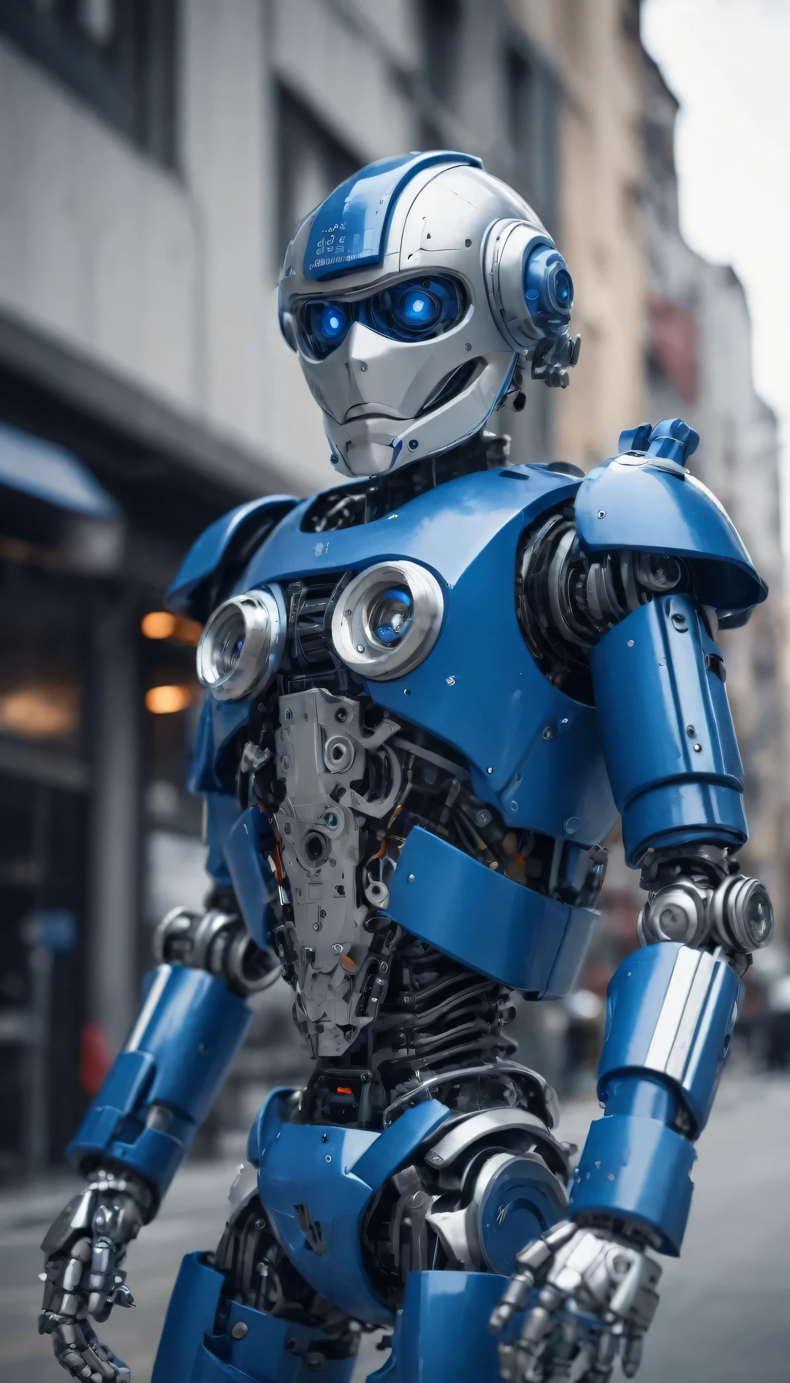 sci-fi, realistic photo, full body shot, 1 mechanical puppet, mechanical, police mechanical puppet, police colors (blue, white, grey, silver), visible mechanical element,, (mechanical body,mechanical arms :1.4), full boddy shot, depth of field, film grain, raw photo