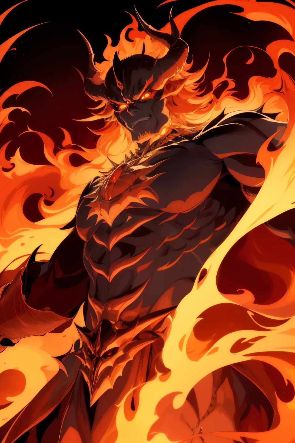 In the depths of the netherworld, a demon lord stands tall and proud in a posture of unyielding superiority, his fiery eyes burning with a look of unadulterated hatred. The detailed contours of his face are etched with sharp lines and angles, his perfect eyes reflecting the intense fires that surround him. With every breath, plumes of smoldering flames erupt from his nostrils, adding to his frightening figure. Clad in regal armor adorned with precious gems and metals, the demon lord exudes an aura of royalty, striking fear into the hearts of all who dare to defy him.