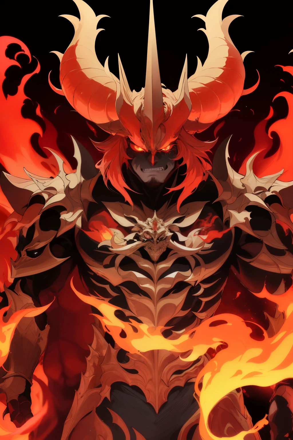 In the depths of the netherworld, a demon lord stands tall and proud in a posture of unyielding superiority, his fiery eyes burning with a look of unadulterated hatred. The detailed contours of his face are etched with sharp lines and angles, his perfect eyes reflecting the intense fires that surround him. With every breath, plumes of smoldering flames erupt from his nostrils, adding to his frightening figure. Clad in regal armor adorned with precious gems and metals, the demon lord exudes an aura of royalty, striking fear into the hearts of all who dare to defy him.
