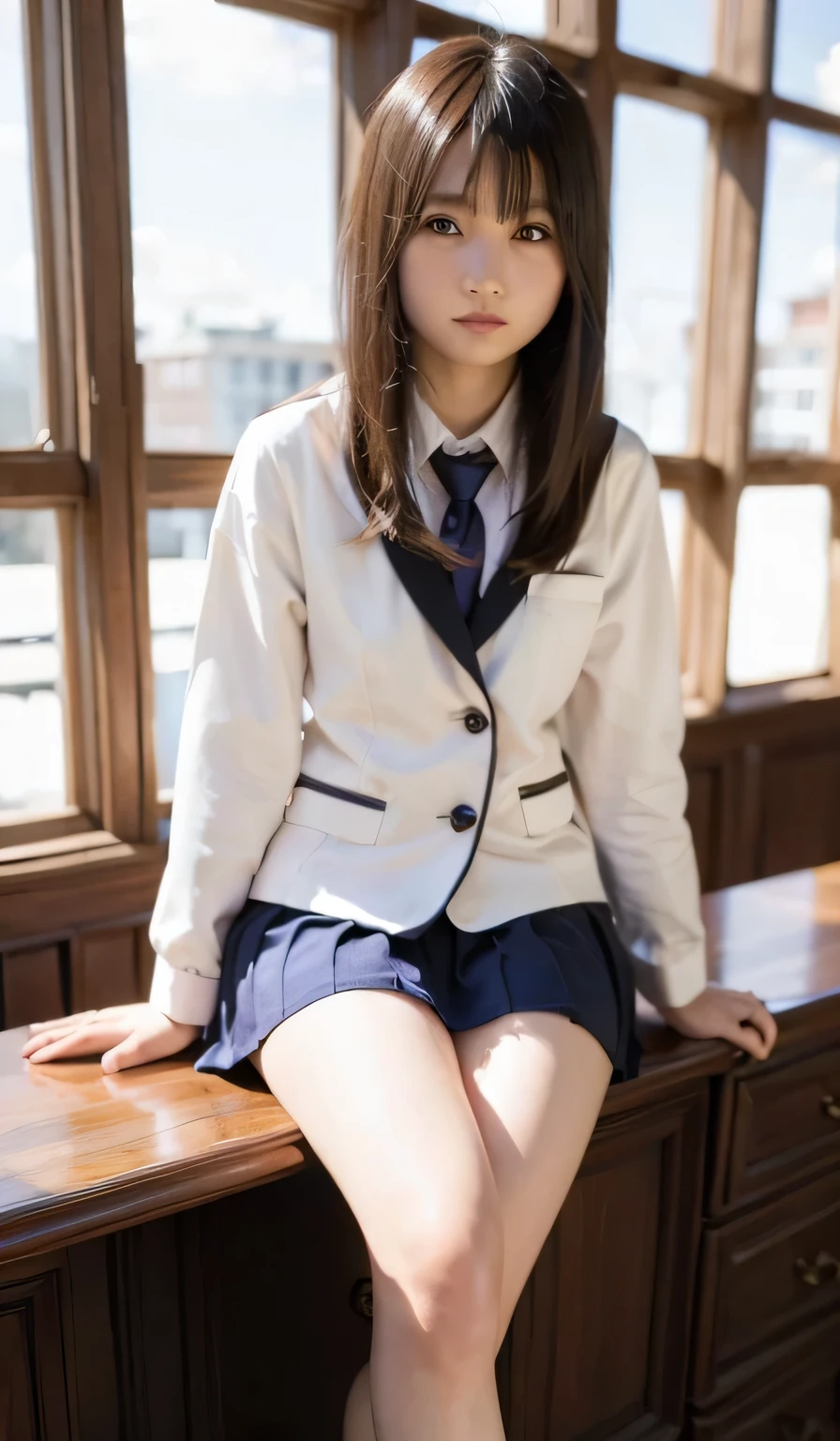 arafed asian woman in a short skirt and bow tie sitting on a train, cute schoolgirl, japanese girl school uniform, wearing japanese school uniform, japanese school uniform, a hyperrealistic schoolgirl, dressed as schoolgirl, hyperrealistic schoolgirl, wearing school uniform, realistic schoolgirl, girl wearing uniform, wearing a school uniform, of a schoolgirl posing, full body, nice skin, glowing skin, nice thighs,glowing thigh, glowing legs, ((panty))