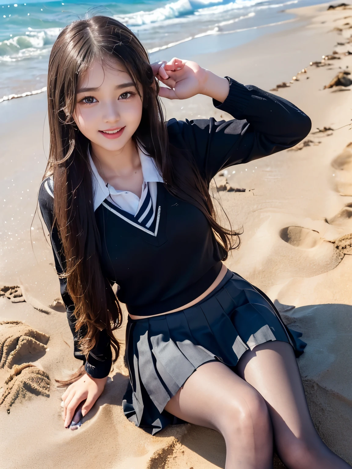 (((A beautiful girl with a golden ratio face posing cutely on the sandy beach in her school uniform)))、(((wet 、super long hair、Wet hair、pleated skirt、Black pantyhose)))、smile、( absurdly,high quality , Super detailed)、(See photographer )、summer sunshine