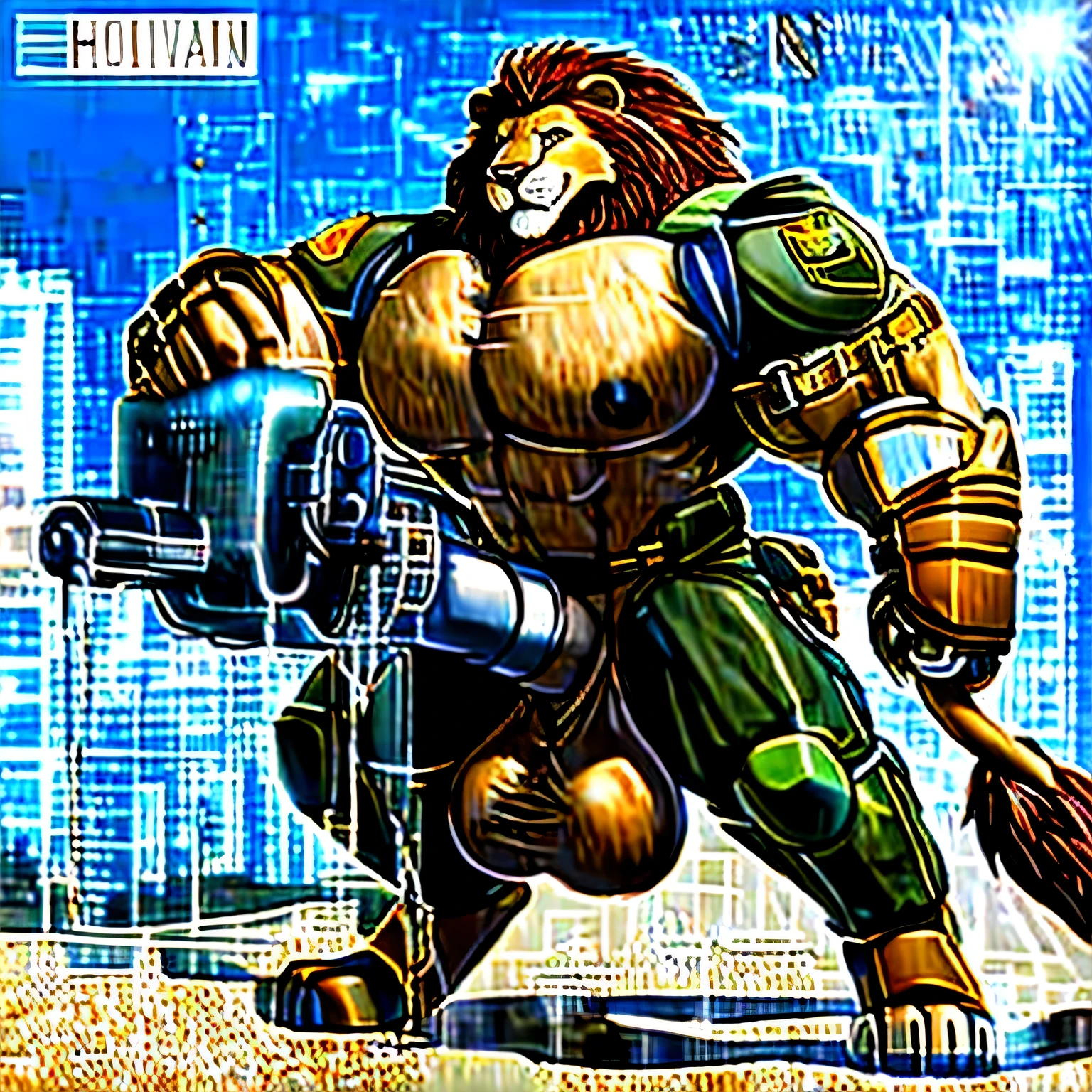 handsome huge large lion beastman huge pecs bigger than head, luscious mane, wearing military tactical combat gear, dynamic pose, he is covered in body oil, looking at viewer, bara, seductive, massive cock, leaking precum like faucet, huge balls, balanced design, perfect composition, innovative graphic design using high level machine learning and data science, professional quality, high resolution