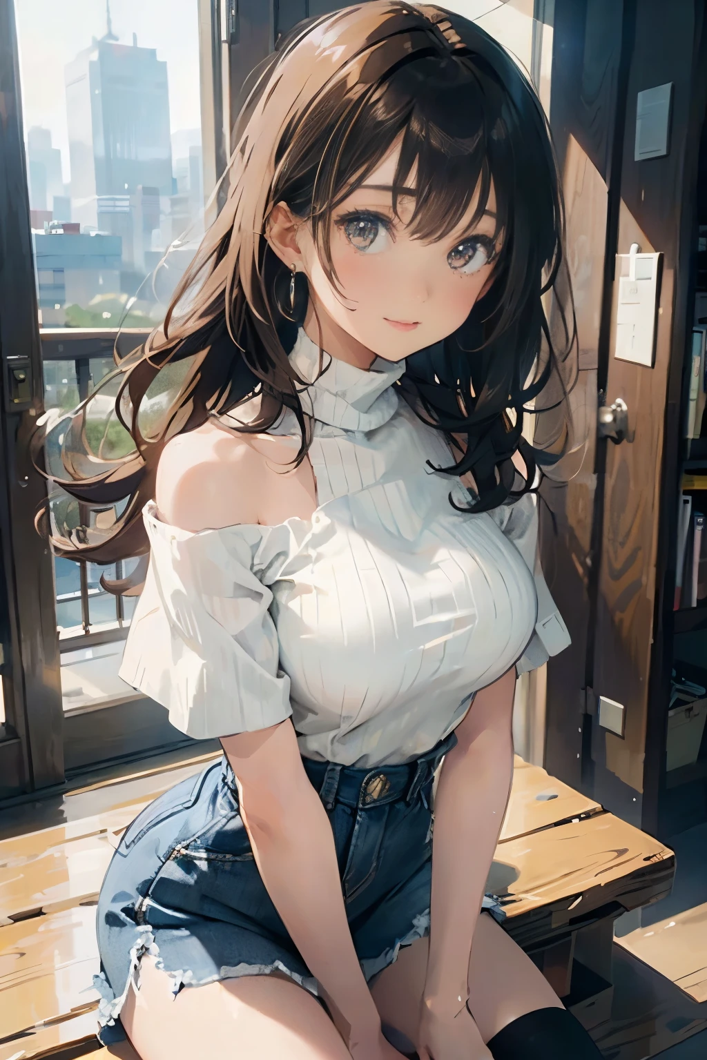 20 year old girl (White Turtleneck Blouse), (Tight denim mini skirt), Medium chest, Puffy nipple、bending forward、Sexy buttocks、Butt sticking out、Random cityscape, Shy smile, Kamimei、Brown-eyed、Wavy long hair、dark brown hair、 (Perfectly detailed face), (Well detailed hands) Photorealistic images、Beautiful necklace、耳Nipple Ring、Red High Heels