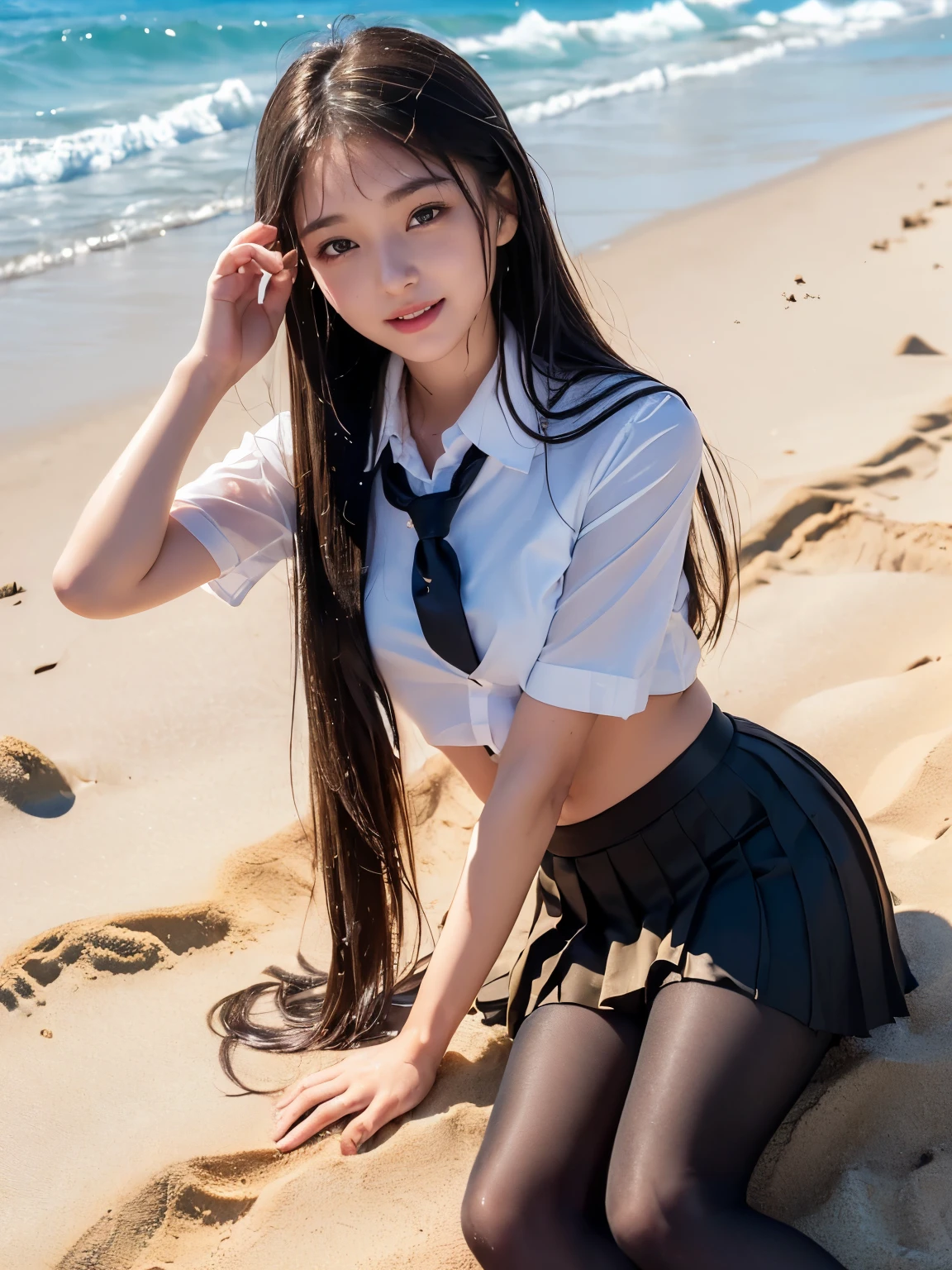 Photo Real、photoRealstic　A dark-haired、straight haired、poneyTail、Blunt bangs　drooing eyes、Black eyes、Plump cheeks、The contours of the face are round　、hi-school girl、Suppin、a sailor suit、bow ribbon、Drenched in sweat　large full breasts、Short stature、vaginal、Female genitals、、　Boldly open legs、Normal bit、insertion、Vaginal insertion、SEX、ssex、have sex、Sperm、large amount of sperm、Sperm soaked、Intense Sex、Insert vigorously、cum shots　Background with、countryside