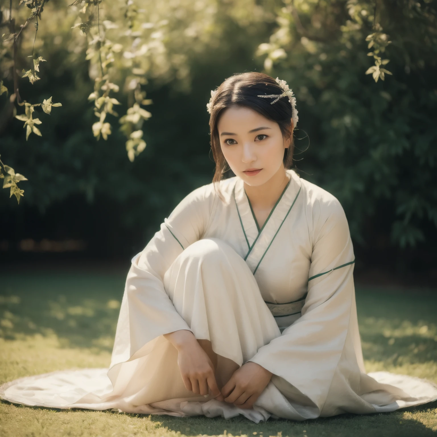 ((High definition, 4K, Masterpiece: 1.3)), One Asian woman, 35 years old, sitting on a mat with her legs crossed, wearing traditional mukenah attire: 1.2, Detailed facial features, expressive eyes: 1.4, Sitting in a graceful and elegant position: 1.5, Traditional mukenah material in soft focus: 1.1, Subtle textures and shadows: 1.3, Serene expression, capturing a moment of tranquility.