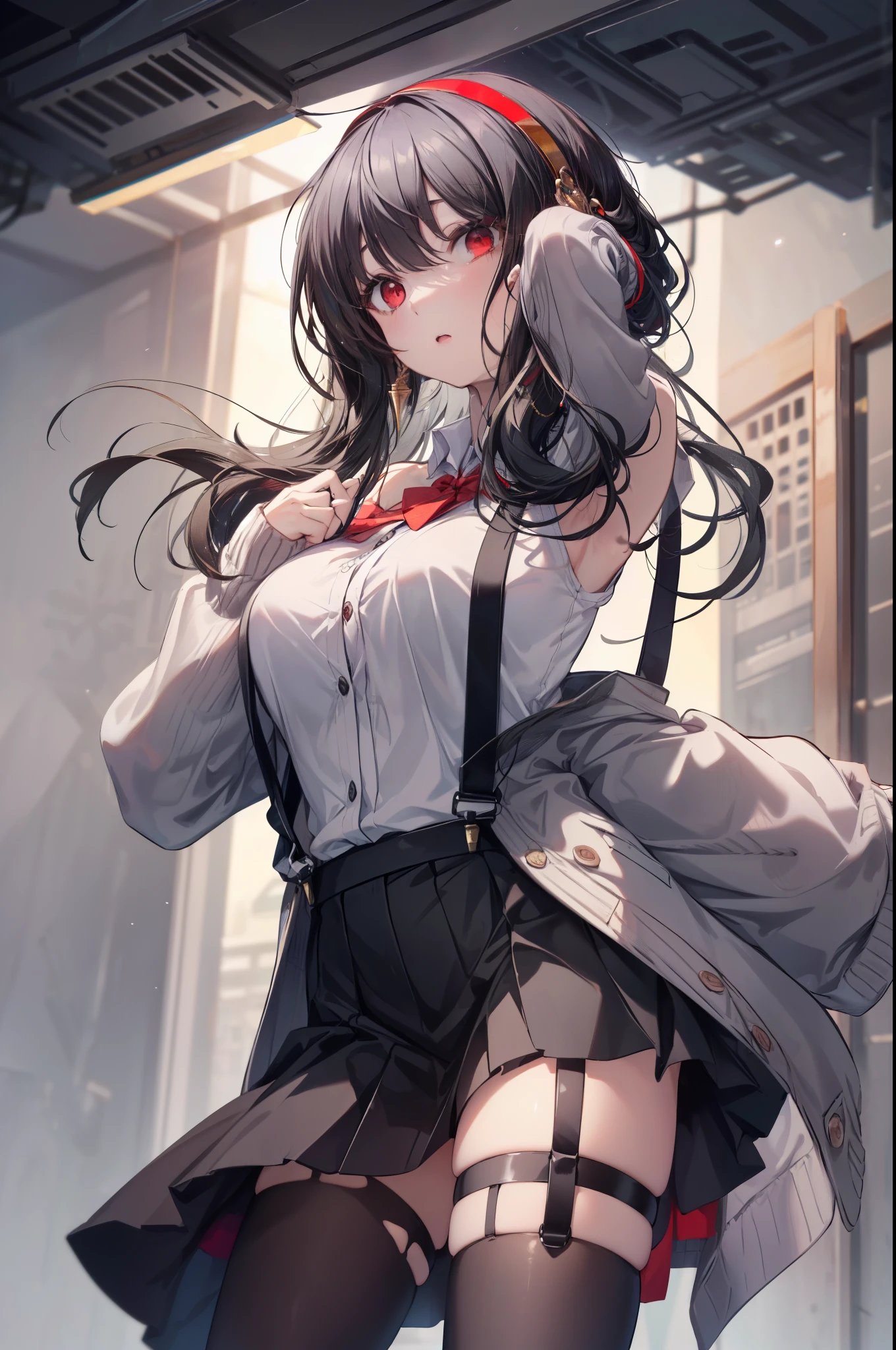 Hu Tao, 1girl, solo, ((white shirt)), black thighhighs, breasts, cleavage, uniform, office background, black skirt, pleated skirt, office, hair between eyes, brown eyes, flower pupils, medium breasts, long hair, looking at viewer, Black hair, brown short nails, solo, thighhighs, thighs, very long hair, ((masterpiece)), sitting, chair, desk, computer on desk, name tag, id tag, indoor, blush, sexy pose, ((long twintail)), short sleeve,