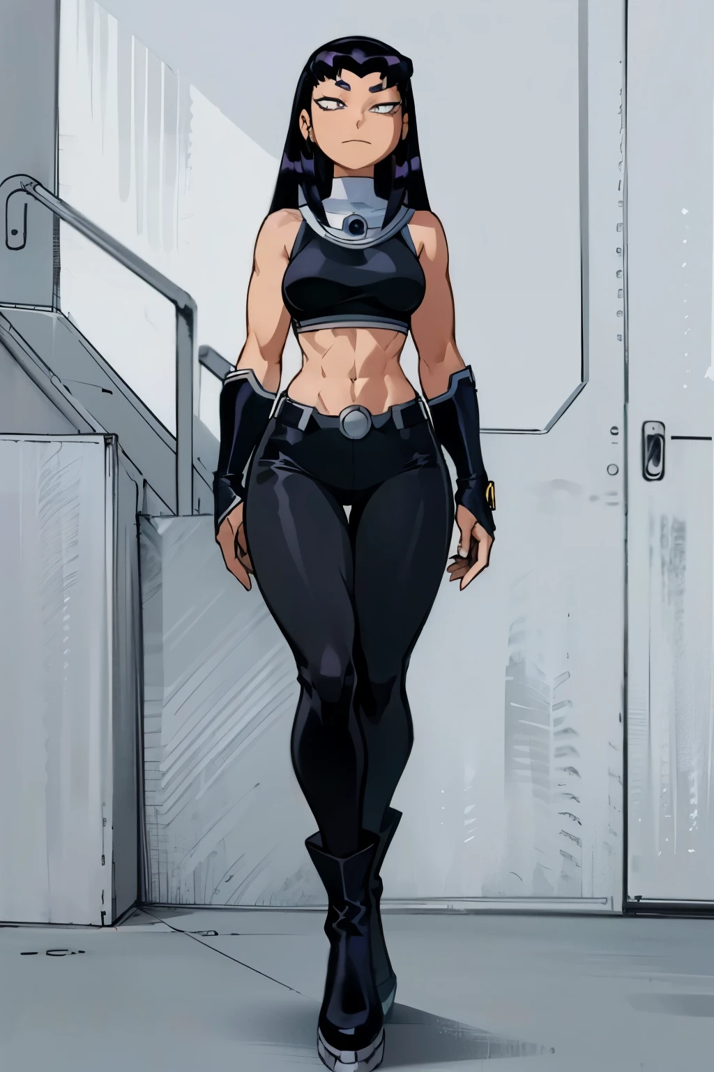 My Hero Academia Style, Anime Girl, Female, Trending on ArtStation Pixiv, (Full Body Shot:1.5), Blackfire, Teen Titans, Wide Thighs, Medium breast, Wide Hips, Long Black Hair, Black Hair, Long Hair, Eyes Purple, NFSW, Underboob Sleeveless Black Top, Thong Under Pants, Black Mid Rise Pants, Baggy Pants, Black Booties, Booties, Fishnet Gloves, Exposed Belly, Exposed Navel, Abs, Smug, Perky Look, Perfect Hands, Perfect Anatomy, Super detailed,