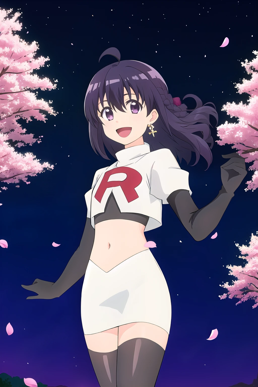 maple, 1girl, solo, long_hair, looking_at_viewer, short_hair, bangs, black_hair, hair_between_eyes, jewelry, very_long_hair, purple_eyes, purple_hair, ahoge, :d, sidelocks, earrings, outdoors, sky, shiny, shiny_hair, flat_chest, dated, tree, petals, night, floating_hair, cherry_blossoms, short_hair_with_long_locks,team rocket,team rocket uniform, red letter R, white skirt,white crop top,black thigh-highs,black elbow gloves