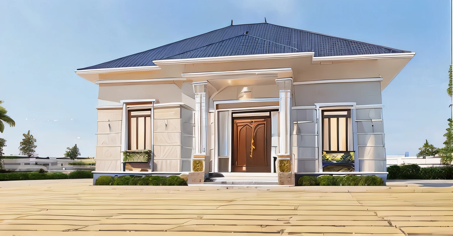 a drawing of a small house with slope roof, (brightenness:1.3), (morden:1.3)), (road:1.3), large space infront of, detail flower front perspective, frontview, perspective view, wide frontal view, front view, front-view, rendering, elevation view, front elevation view, all white render, sketch - up, frontal view, symmetrical front view, front facing view, front elevation, 3/4 front view, front side view,"A picture showcasing a captivating modern villa, featuring an expansive and well-ventilated yard adorned with vibrant flowers and flourishing trees."(RAW photo), highest quality, (masterpiece:1.2), High detail RAW color photo, extremely detailed CG unity 8k wallpaper, (photo realism:1.4), (highres), hyperdetailed, (photorealistic:1.2), (best quality:1.3),perfect ???????, (exterior), model villa, super realistic , 32k, yellow flowers, green grass, fresh, ((open pose:1.1), yellow flowers, green grass, fresh, bright yellow sunshine, ((feeling of joy: 1.3)),
The lobby pillar is designed in a neoclassical motif with the base of the pillar covered with black granite, the roof neck is painted in coffee brown to create a pleasant feeling, 3 lightning rods, summer noon light