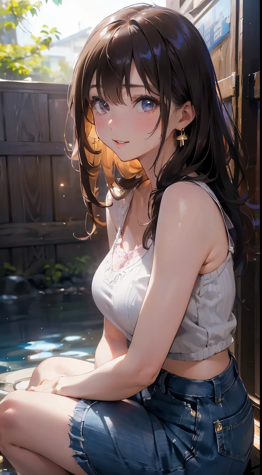 (masutepiece: 1.3), (max resolution: 1.2), (Ultra HDTV: 1.2), cinematric light, Ultra HDTV, (Detailed eyes and skin), (detailed facial features), nffsw, 8K resolution, Sharp Focus: 1.2, Perfect Style, Beautiful face, Perfect body, precise, Anatomically correct, Highly detailed face and skin texture, Detailed eyes, Dark-blue eyes, Double eyelids, Thin eyebrows, Glitter Eyeliner: 1.2, Natural cheeks, Glossy skin, Fair skin: 1.2, shiny little necklace and earrings, (Glossy lips: 1.4), BREAK, One-person viewpoint, (She is a very cute female teacher), (Pink lace panties), (Seductive smile: 1.2), ((a Innocent and cute girl:1.3)), (Long Wave Hair), (ligh brown hair:1.2), (Cowboy Shot: 1.2), BREAK, ((Very intimate relationships: 1.2)), medium large breasts, ((Looking at Viewer:1.2)), ((Hot spring trip:1.2)), ((Bend your knees and open your legs wide:1.2)), (From Side:1.2),low angle shot,sleeveless sweater Tight jeans skirt