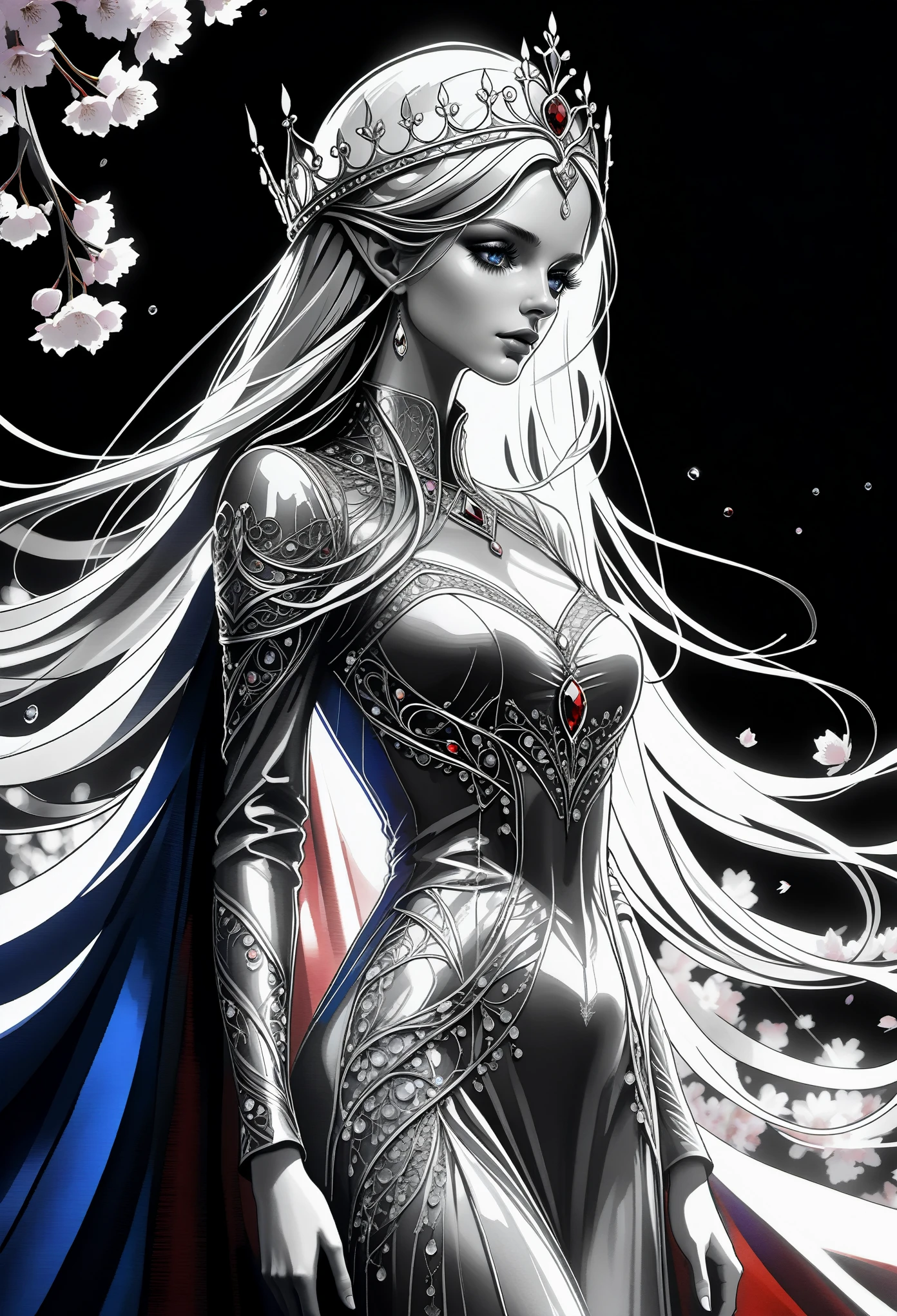 (Pencil_Sketch:1.2, messy lines, greyscale, traditional media, sketch),(full body portrait:1.5), (Far focus design:1.5), An elf queen, High-level elf noble clothing, Proud, shy, bell, Triple crown, Glowing white pupils, Eyes look toward central focus, wrapped in lilac metallic canvas, Exuding an aura of dark fantasy and hatred, Intricate and exquisite details, Highlight thin strokes, dark rich color palette, Black, Red, white, blue, Added to enhance the overall ambience, Beautiful details glow, smooth and flawless, through double exposure technology, Hauntingly beautiful mist shrouding the landscape, Delicate crystal structure sparkles, ethereal light, Soft baby pink cherry blossoms, Exquisite carpet floor, Optical fiber thin fibers add touch, Intricate and mysterious, nose blush, rococo style, high detail, Conceptual art, UHD, anatomically correct, super detail, best quality, 8k