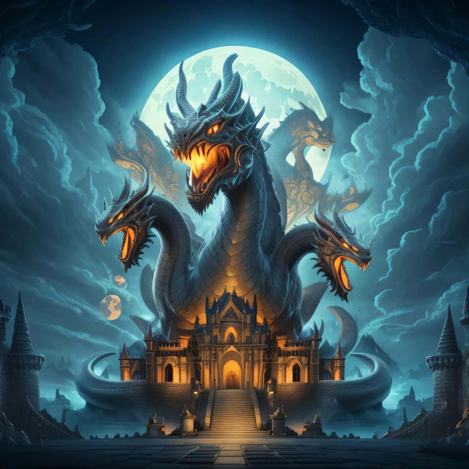 a large dragon statue in front of a castle with a full moon, symmetrical epic fantasy art, naga-tirr, nagas, naga, fractal thunder dan mumford, dan mumford. maya render, detailed fantasy digital art, epic fantasy digital art style, hydra with eight heads, detailed digital 2d fantasy art, an ominous fantasy illustration, 4k fantasy art