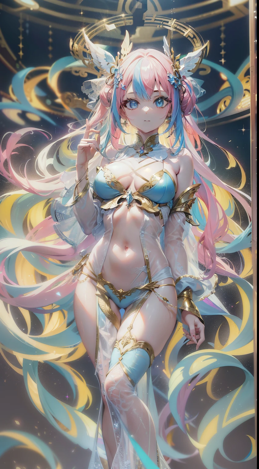((Masterpiece)), best quality, absurderes, ultra detailed, 8k, dynamic pose, super complex details, intricate details, holographic, cowboy shot, golden ratio, super cute girl, neon aura, delicate and beautiful face, mature girl, super beautiful asian girl with super beautiful glowing eyes, super beautiful glowing multicolored hair, nice and sexy body, slim body, perfect body, wearing magical lingerie, celestial hair ornament, in a marshmallow world