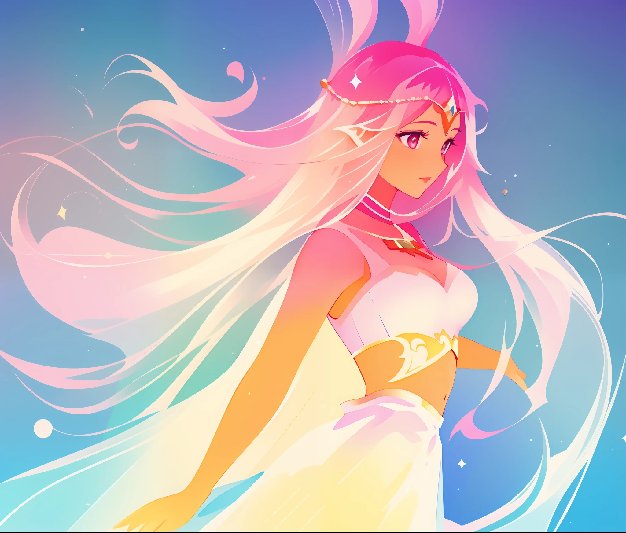 watercolor illustration, beautiful girl in white arabian two-piece dress, (arabian princess), (arabian dancer), (fantasy arabian dress), long colorful sparkling pink hair, watercolor illustration, Lois van Baarle, glowing aura around her, Glen Keane, jen bartel, glowing hair, beautiful digital illustration, fantasia background, beautiful, masterpiece, best quality, anime disney style, golden ratio, perfect composition