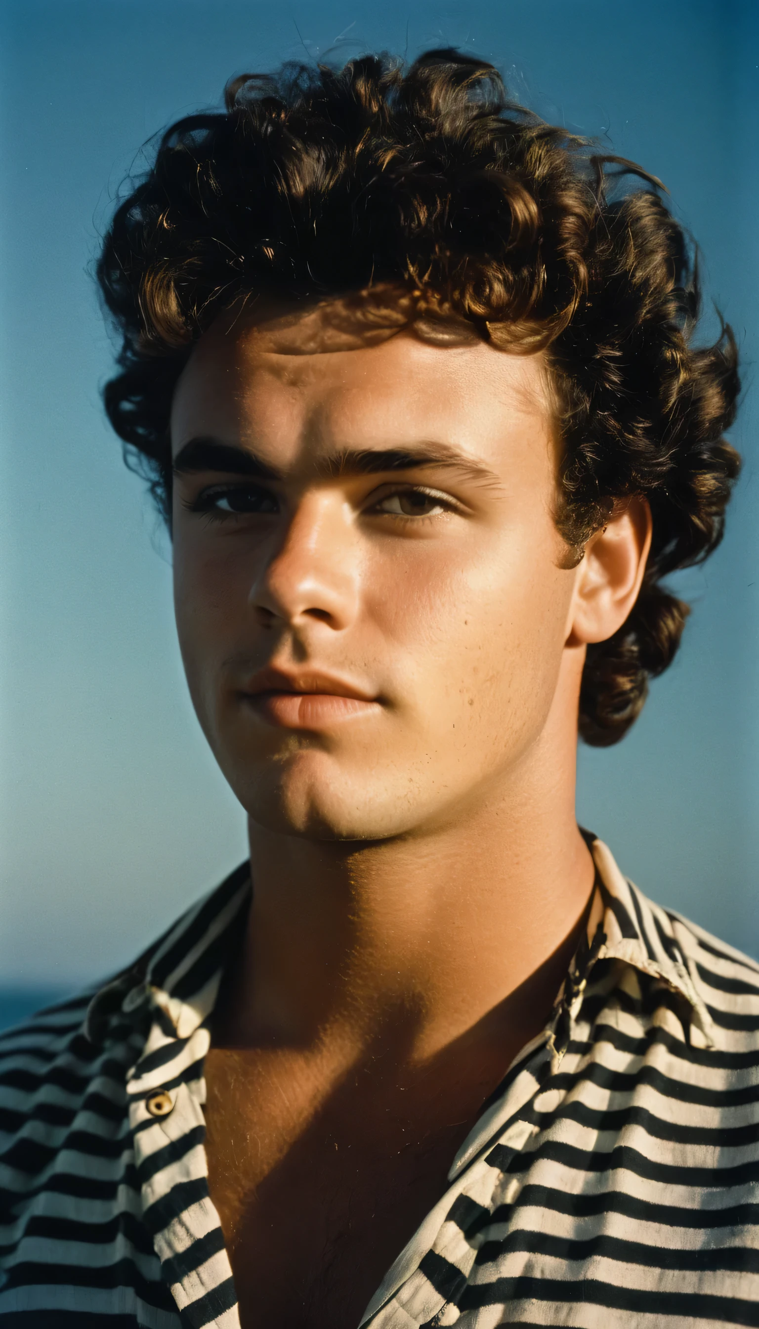 Vintage photo of 21 years-old sailor, male, brown-black hair, short curly quiff haircut, brown eyes, caucasian, round face, oval-shaped jawline, bulbous nose, full lips, thick eyebrows, soft features, stocky broad frame, chubby, handsome, resembles a young John C Reilly, (ruffled pirate shirt:1.1), silhouette, backlit, split lighting, half face in shadow, RAW Photograph, dslr, hard lighting, hard shadows, high quality, film grain, Fujifilm XT3, detailed skin with visible pores, insane details, masterpiece, 8k, 35mm photograph, dslr, kodachrome, faded film, desaturated, 35mm photo, grainy, vintage, Kodachrome, Lomography, stained, highly detailed, found footage, close-up shot
