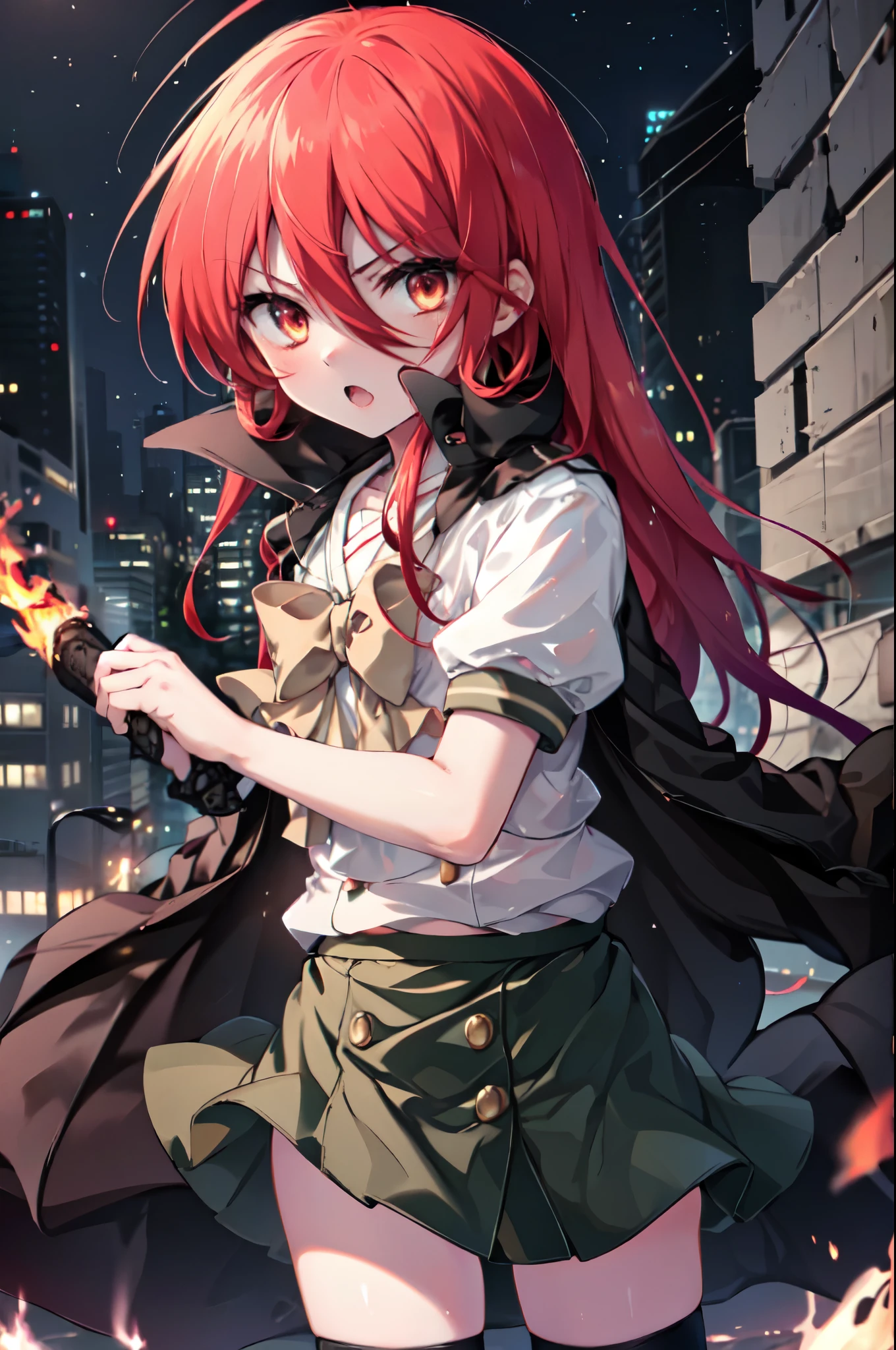 1 girl, cowboy shot, rubble ruins, anger, (battle preparation:1.2), open your mouth, (night:1.2), explosive inflammation,shana, red eyes, redhead, very long hair, hair between eyes, (Ahoge:1.1), explosive flame,abandoned building,rubble serafuku, white shirt, short sleeve, green skirt, Thighhighs, Black Rider Suit,In his left hand he holds a Japanese sword wrapped in flames..,While wiping your mouth with your right hand,highest quality, masterpiece, High resolution, 