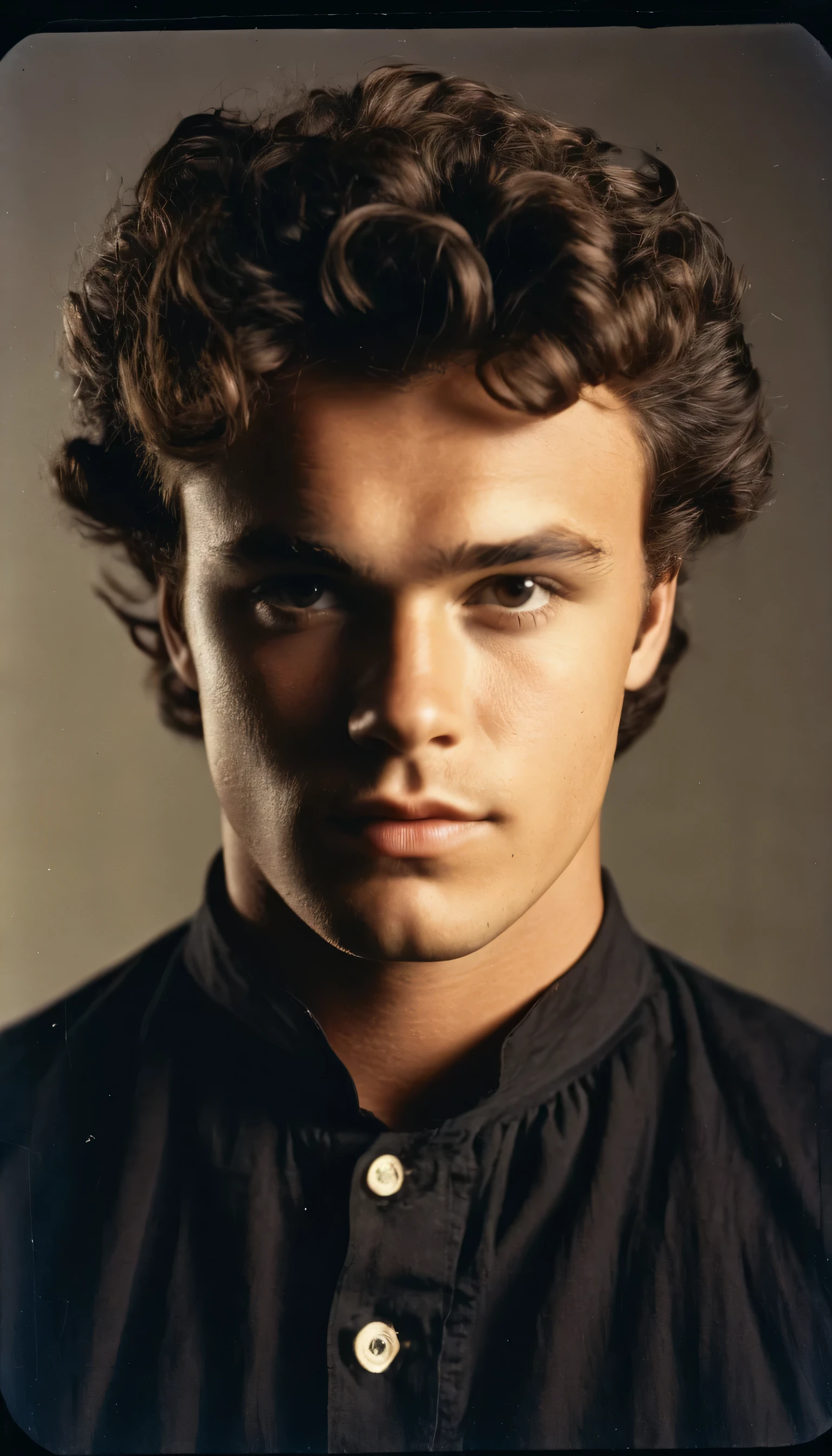 Vintage photo of 21 years-old sailor, male, brown-black hair, short curly quiff haircut, brown eyes, caucasian, round face, oval-shaped jawline, bulbous nose, full lips, thick eyebrows, soft features, stocky broad frame, chubby, handsome, resembles a young John C Reilly, (ruffled pirate shirt:1.1), silhouette, backlit, split lighting, half face in shadow, RAW Photograph, dslr, hard lighting, hard shadows, high quality, film grain, Fujifilm XT3, detailed skin with visible pores, insane details, masterpiece, 8k, 35mm photograph, dslr, kodachrome, faded film, desaturated, 35mm photo, grainy, vintage, Kodachrome, Lomography, stained, highly detailed, found footage, close-up shot