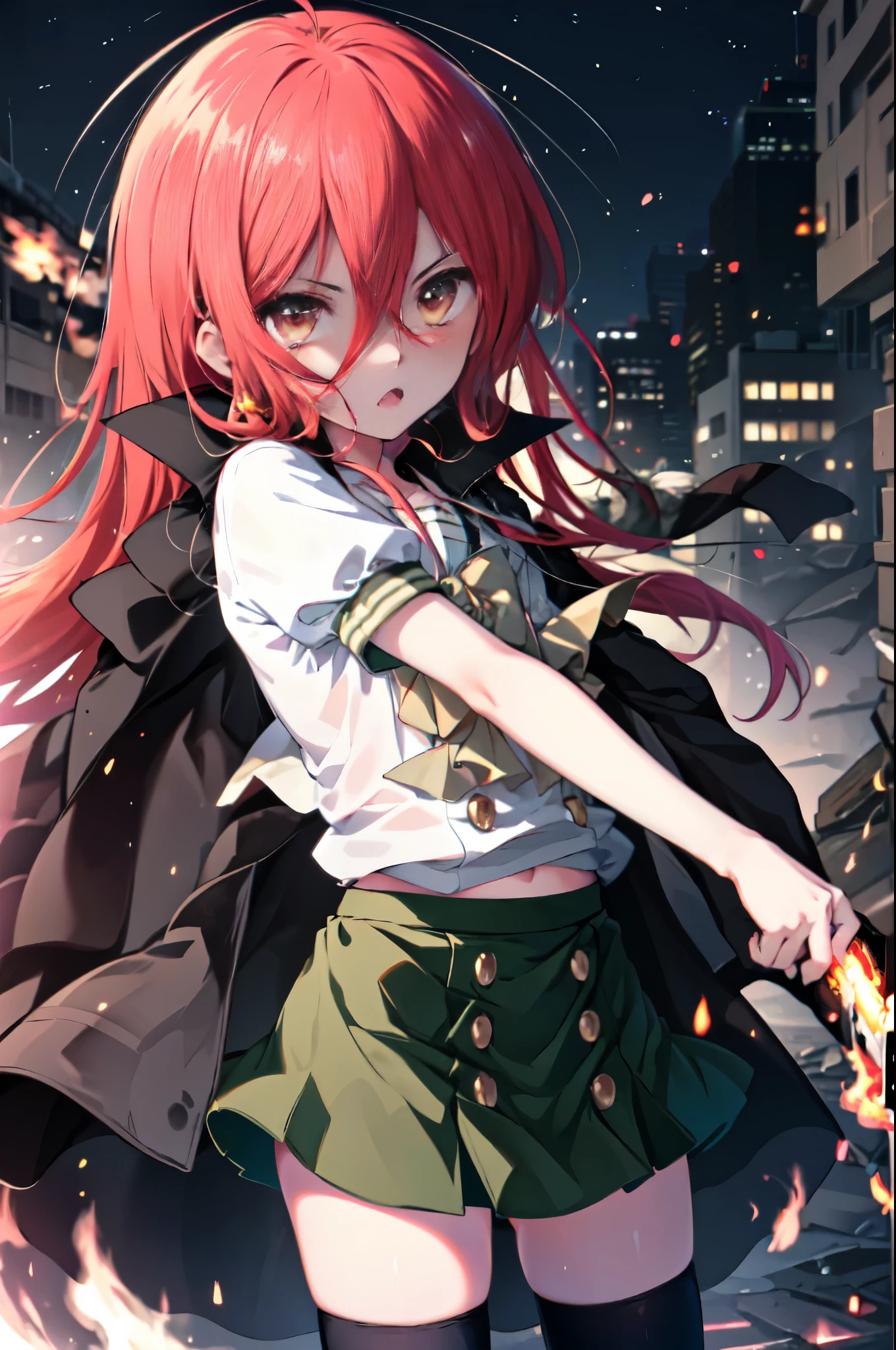 1 girl, cowboy shot, rubble ruins, anger, (battle preparation:1.2), open your mouth, (night:1.2), explosive inflammation,shana, red eyes, redhead, very long hair, hair between eyes, (Ahoge:1.1), explosive flame,abandoned building,rubble serafuku, white shirt, short sleeve, green skirt, Thighhighs, Black Rider Suit,In his left hand he holds a Japanese sword wrapped in flames..,While wiping your mouth with your right hand,highest quality, masterpiece, High resolution, 