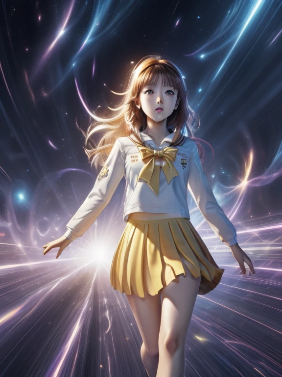 (warp,floating,warp space,motion lines,vanishing point,light rays),motion blur,cowboy shot,gradient background,reaching,looking at viewer, fujisaki shiori, yellow hairband, , serafuku, long sleeves, pleated skirt,
