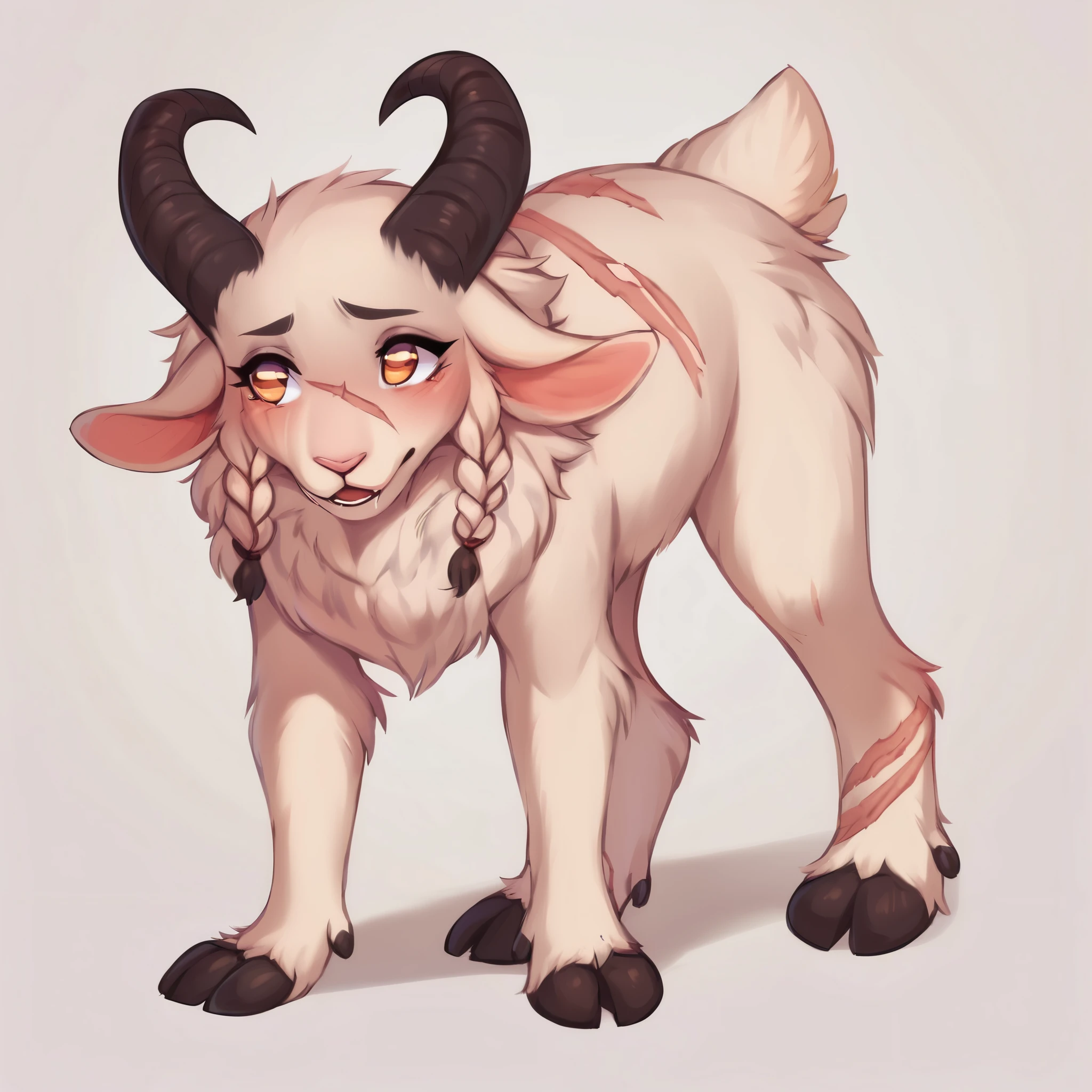 score_9, score_8_up, score_7_up, score_6_up, score_5_up, score_4_up, show accurate, full body, hungry body, simple background, feral goat, female goat, white fur, albino fur, single color fur, teenage goat, adorable face, goat horns, goat pupil, golden eyes, shy look, terrified look, mane covering the neck, small braids in her hair and mane, standing on all fours, scars all body, long scars, scars on the face, 