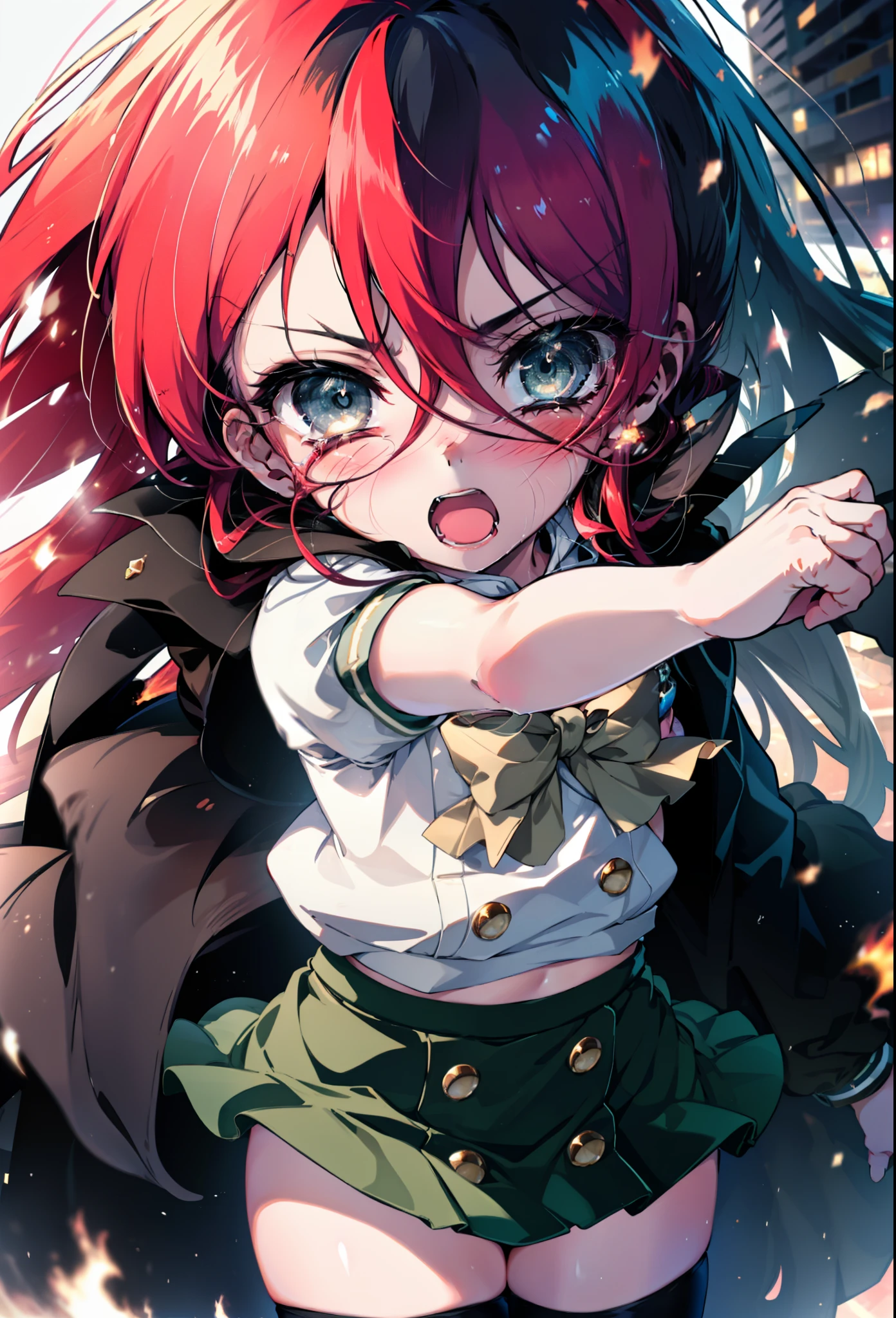 1 girl, cowboy shot, rubble ruins, anger, (battle preparation:1.2), close both eyes,tears run down her face,Crying with joy,is closed,open your mouth, (night:1.2), explosive inflammation,shana, red eyes, redhead, very long hair, hair between eyes, (Ahoge:1.1), explosive flame,abandoned building,rubble serafuku, white shirt, short sleeve, green skirt, Thighhighs, black riders,(masterpiece:1.2), highest quality, High resolution, unity 8k wallpaper, (shape:0.8), (beautiful and detailed eyes:1.6), highly detailed face, perfect lighting, Very detailed CG, (perfect hands, perfect anatomy),