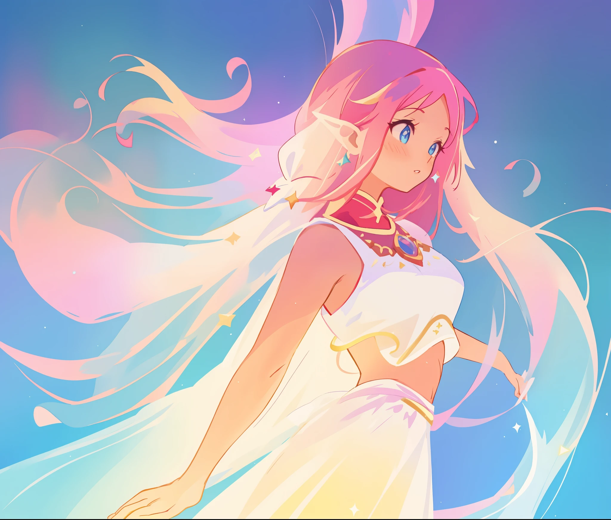 beautiful girl in white arabian two-piece dress, (arabian princess), (arabian dancer), (fantasy arabian dress), long colorful sparkling pink hair, watercolor illustration, Lois van Baarle, glowing aura around her, Glen Keane, jen bartel, glowing hair, beautiful digital illustration, fantasia background, beautiful, masterpiece, best quality, anime disney style, (detailed eyes), golden ratio, perfect composition