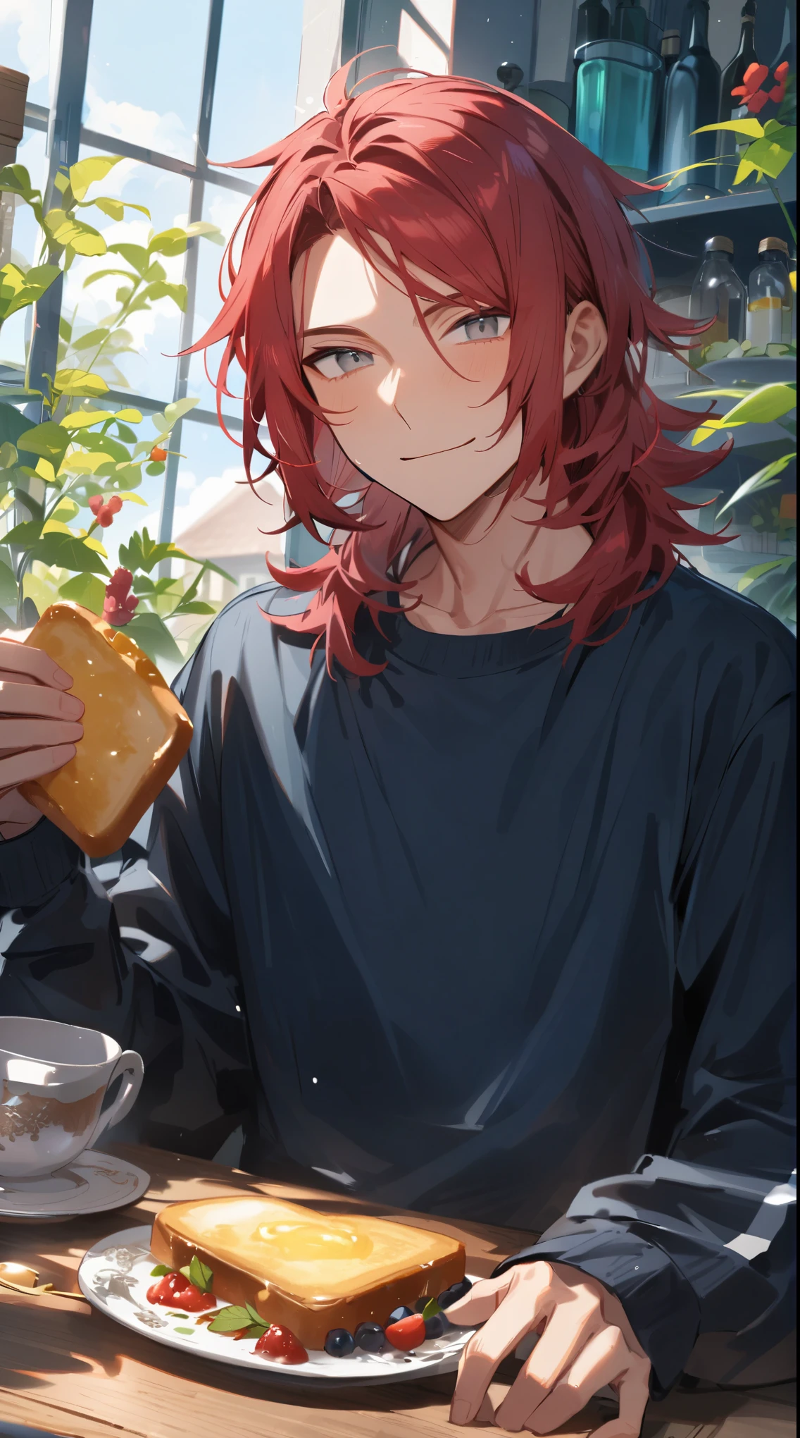 beautiful young male, Red hair, gray eyes, refreshing blue clothes, Smiles,honey toast, A stylish room where you can have breakfast