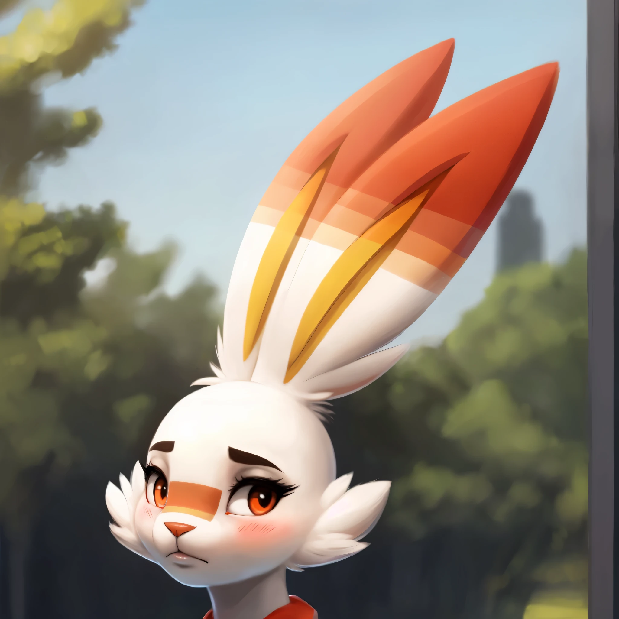 (best quality,ultra-detailed,realistic:1.37), scorbunny, rabbit snout, realistic, detailed face, striking eyes, glossy lips, beautiful makeup, flawless skin, expressive eyebrows, perfect lighting, long eyelashes, pouty lips, soft focus, vibrant colors, studio lighting,realistic,soft lighting,vibrant colors,delicate fur texture, blush, embarrassed expression, shy expression