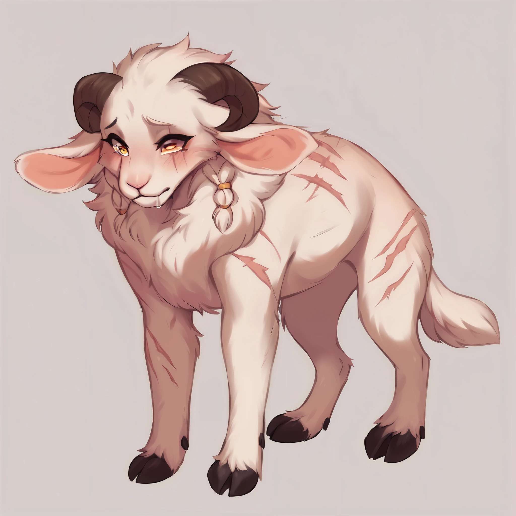 score_9, score_8_up, score_7_up, score_6_up, score_5_up, score_4_up, show accurate, full body, hungry body, simple background, feral goat, female goat, white fur, albino fur, single color fur, teenage goat, adorable face, goat horns, goat pupil, golden eyes, shy look, terrified look, mane covering the neck, small braids in her hair and mane, standing on all fours, scars all body, long scars, scars on the face, 
