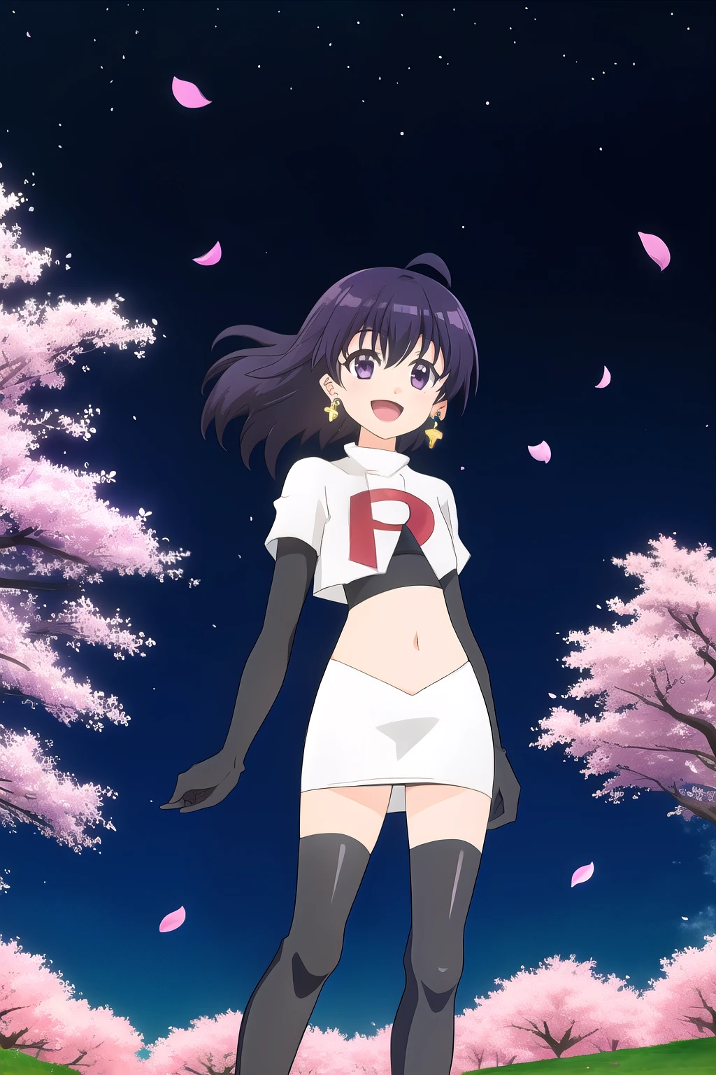 maple, 1girl, solo, long_hair, looking_at_viewer, short_hair, bangs, black_hair, hair_between_eyes, jewelry, very_long_hair, purple_eyes, purple_hair, ahoge, :d, sidelocks, earrings, outdoors, sky, shiny, shiny_hair, flat_chest, dated, tree, petals, night, floating_hair, cherry_blossoms, short_hair_with_long_locks,team rocket,team rocket uniform, red letter R, white skirt,white crop top,black thigh-highs,black elbow gloves